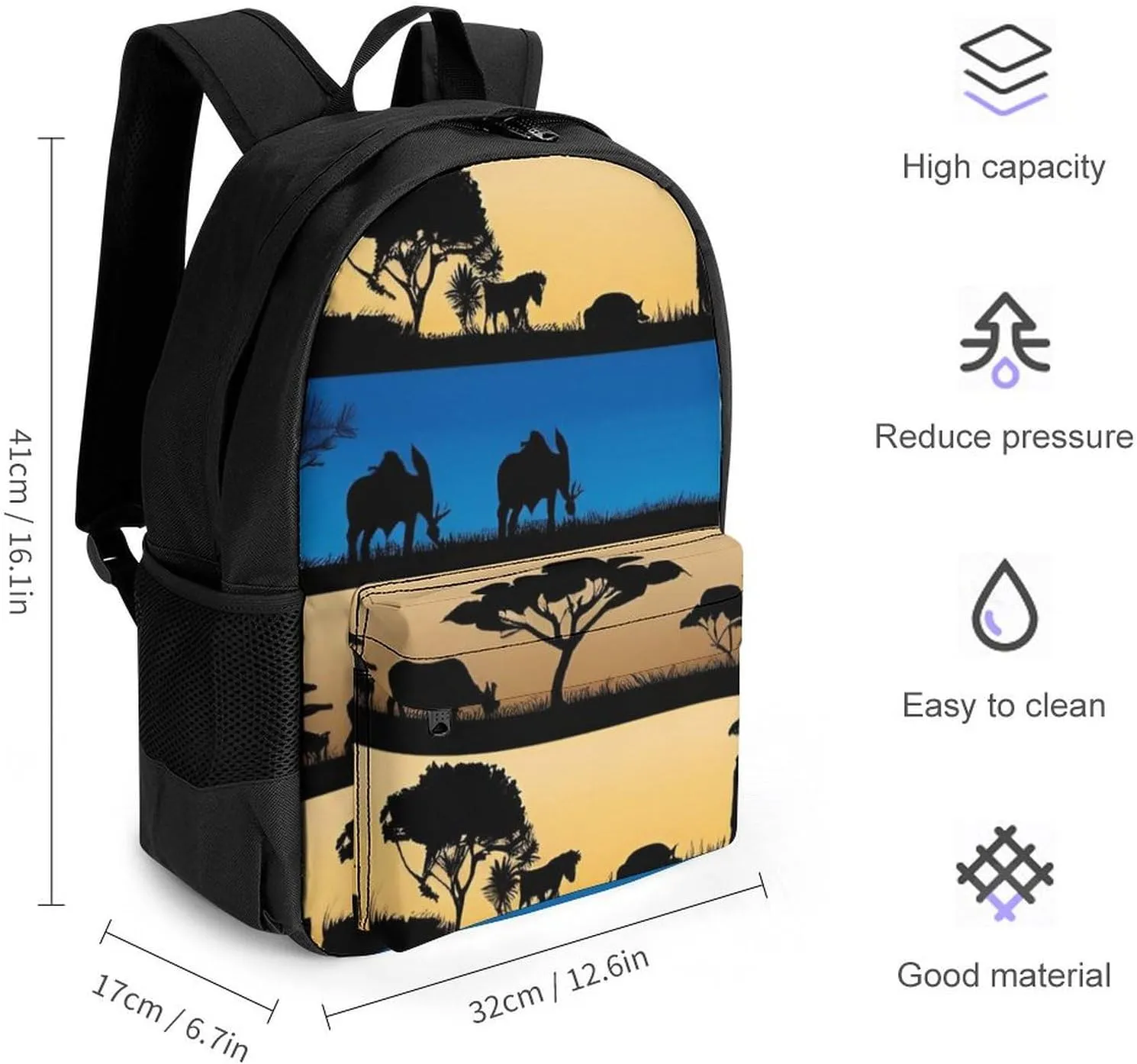 Lightweight Daypack for Camping Business Walking Cycling - Large Capacity Anti-Theft Multipurpose Bookbag, African Wild Animals Acacia Trees Art Gym Outdoor Hiking Backpack