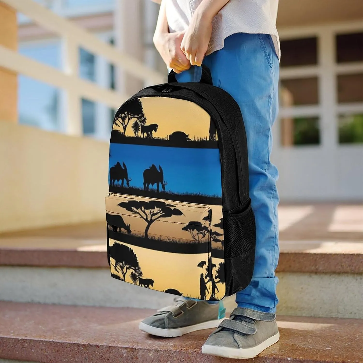 Lightweight Daypack for Camping Business Walking Cycling - Large Capacity Anti-Theft Multipurpose Bookbag, African Wild Animals Acacia Trees Art Gym Outdoor Hiking Backpack