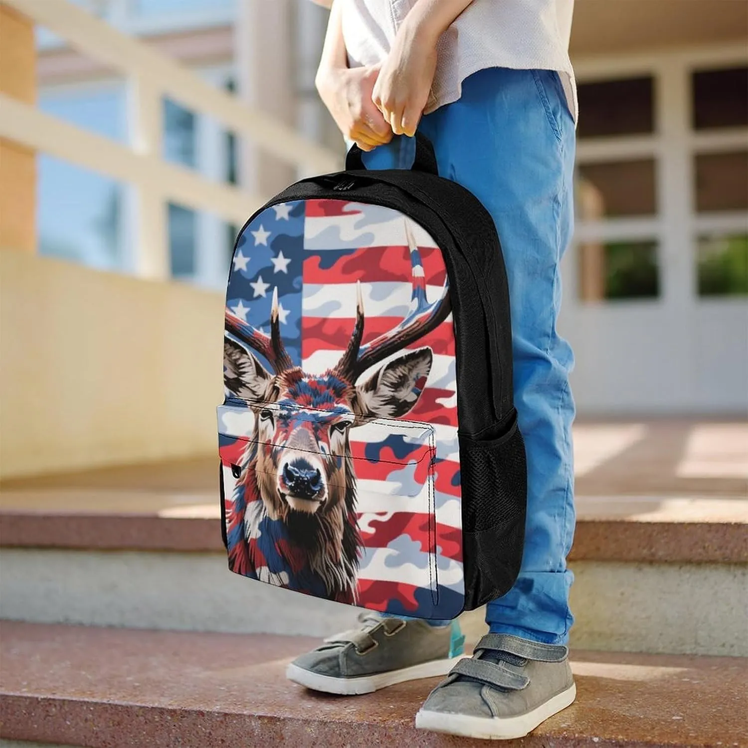 Lightweight Daypack for Camping Business Walking Cycling - Large Capacity Anti-Theft Multipurpose Bookbag, American Flag Camo Deer Camouflage Art Gym Outdoor Hiking Backpack