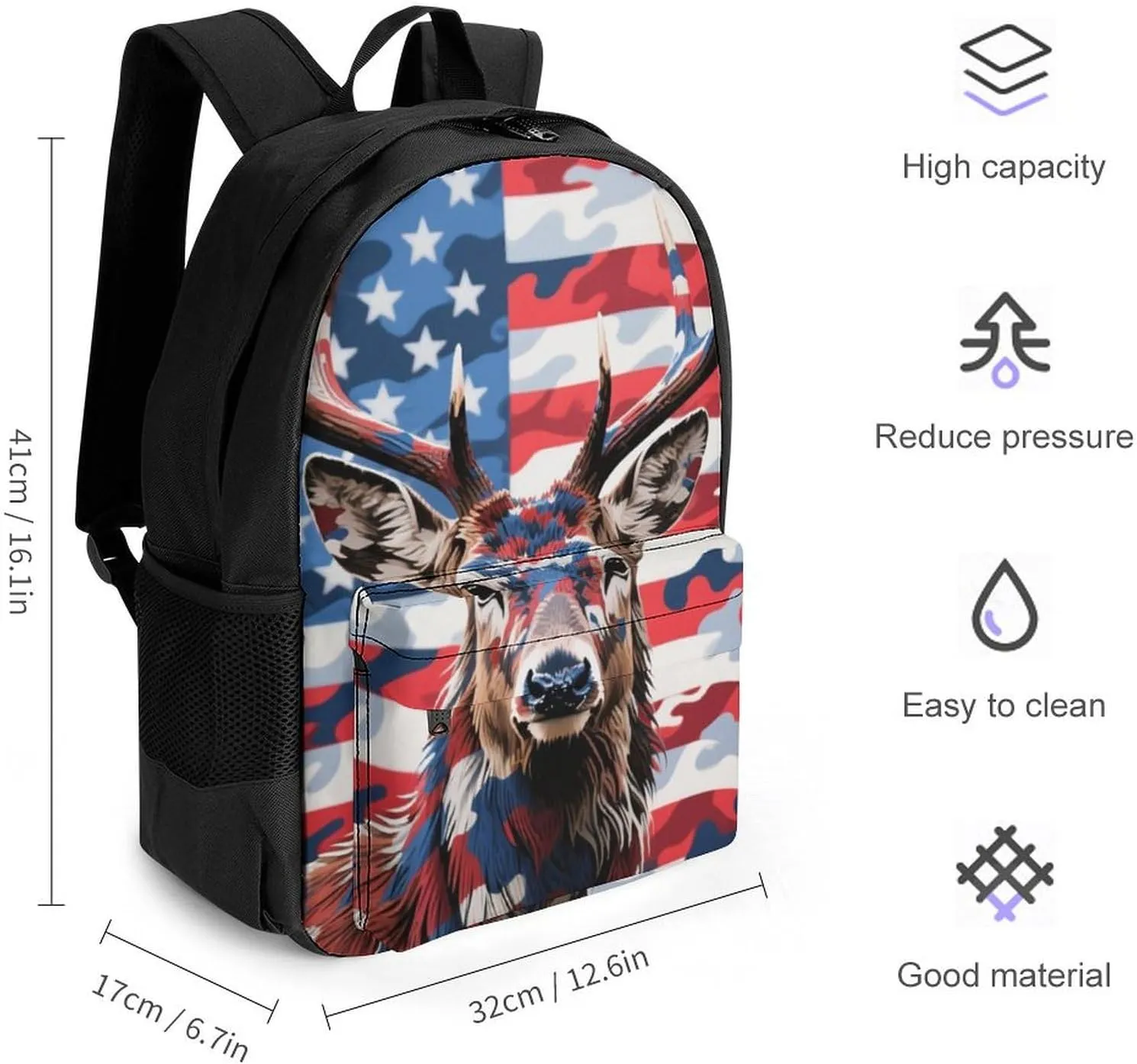 Lightweight Daypack for Camping Business Walking Cycling - Large Capacity Anti-Theft Multipurpose Bookbag, American Flag Camo Deer Camouflage Art Gym Outdoor Hiking Backpack