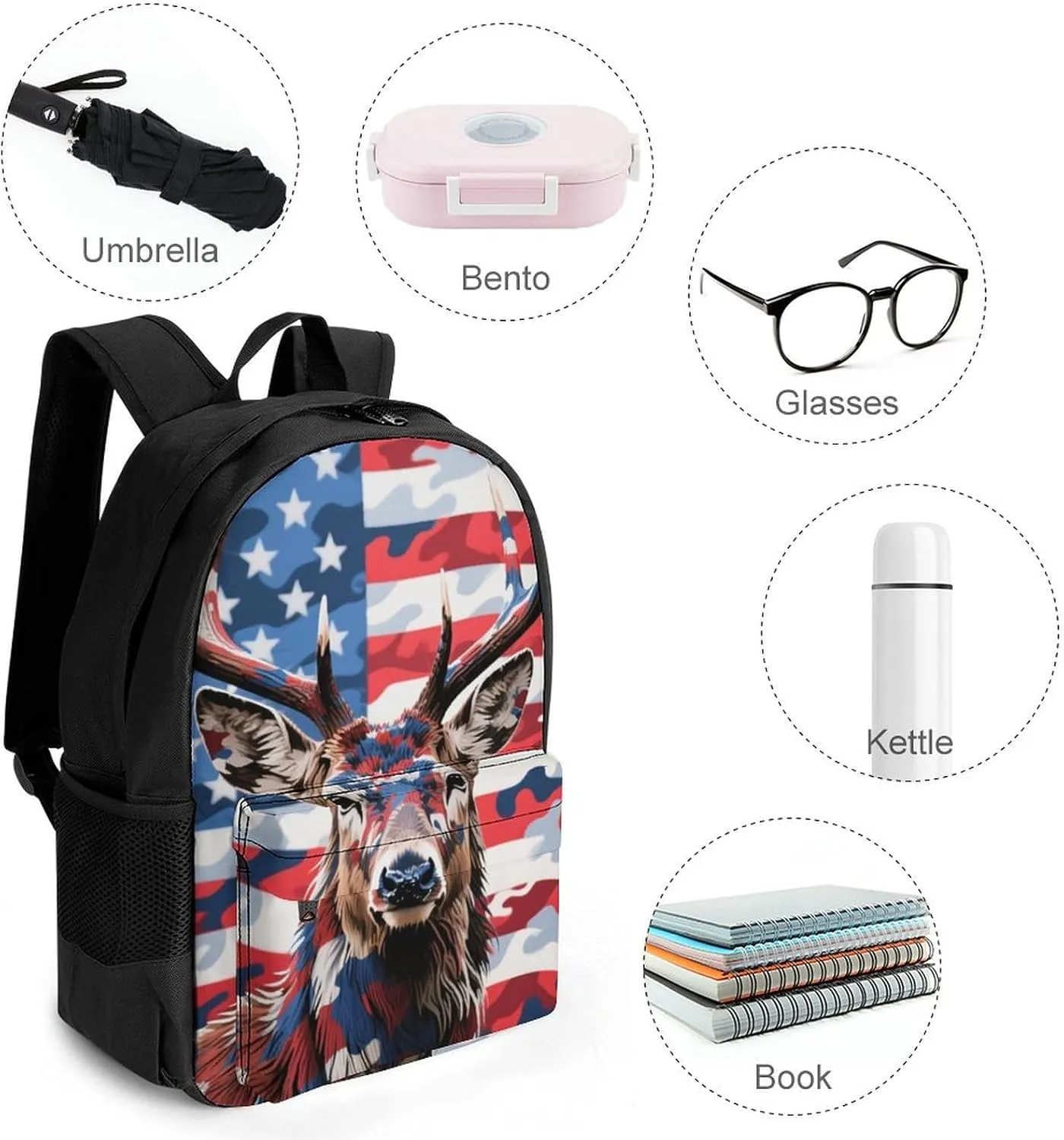 Lightweight Daypack for Camping Business Walking Cycling - Large Capacity Anti-Theft Multipurpose Bookbag, American Flag Camo Deer Camouflage Art Gym Outdoor Hiking Backpack