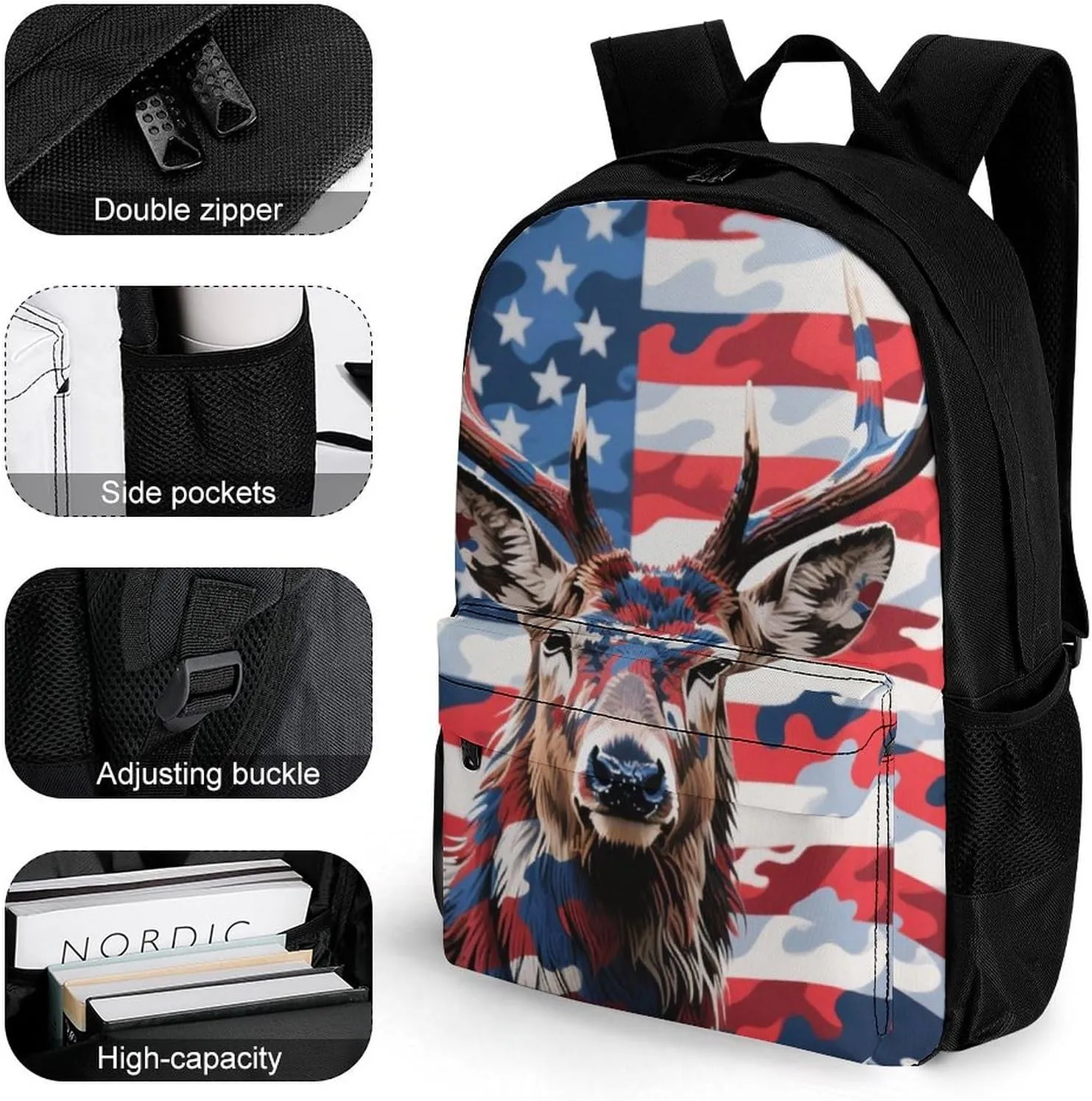 Lightweight Daypack for Camping Business Walking Cycling - Large Capacity Anti-Theft Multipurpose Bookbag, American Flag Camo Deer Camouflage Art Gym Outdoor Hiking Backpack
