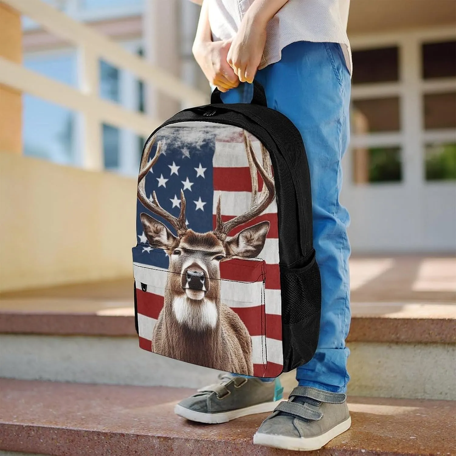 Lightweight Daypack for Camping Business Walking Cycling - Large Capacity Anti-Theft Multipurpose Bookbag, American Flag Hunting Deer Gym Outdoor Hiking Backpack