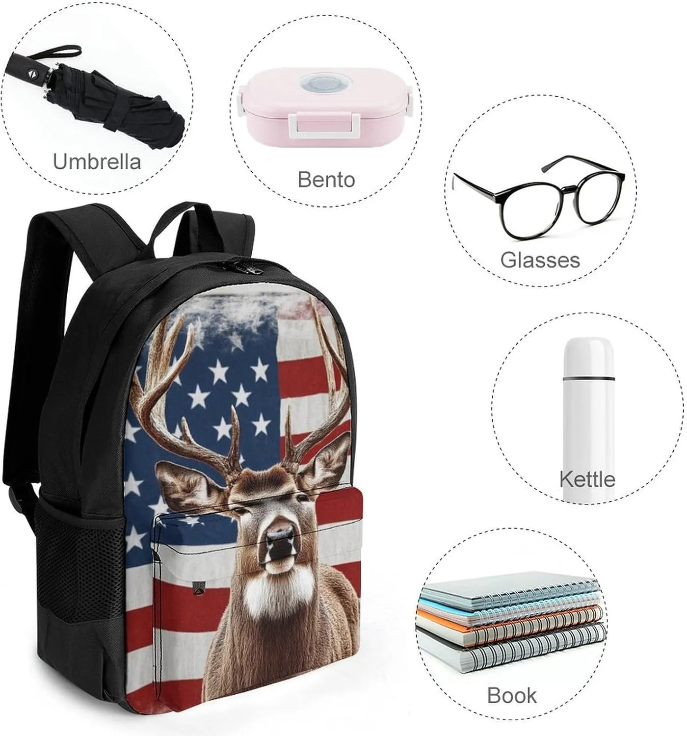 Lightweight Daypack for Camping Business Walking Cycling - Large Capacity Anti-Theft Multipurpose Bookbag, American Flag Hunting Deer Gym Outdoor Hiking Backpack