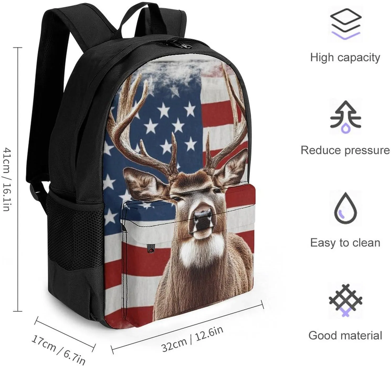 Lightweight Daypack for Camping Business Walking Cycling - Large Capacity Anti-Theft Multipurpose Bookbag, American Flag Hunting Deer Gym Outdoor Hiking Backpack