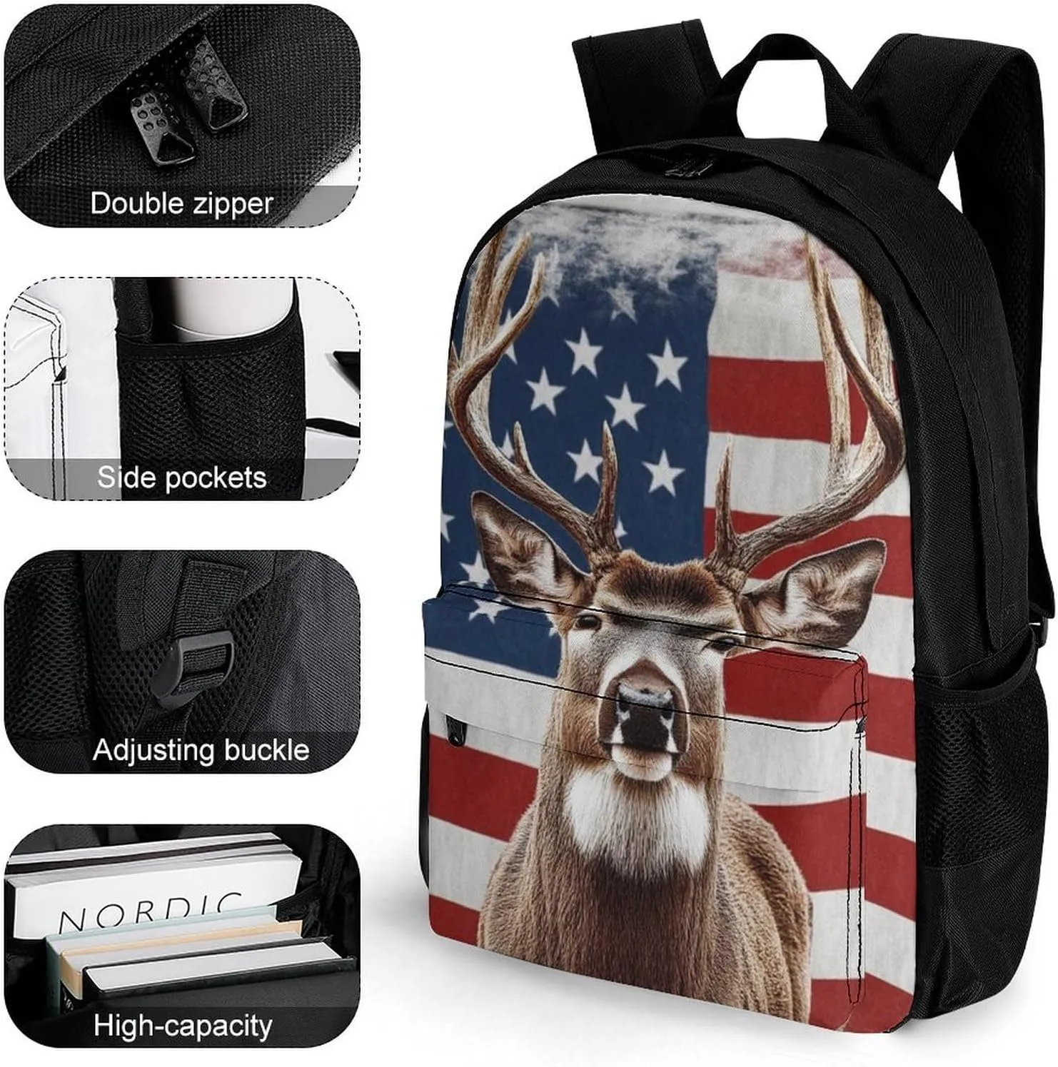 Lightweight Daypack for Camping Business Walking Cycling - Large Capacity Anti-Theft Multipurpose Bookbag, American Flag Hunting Deer Gym Outdoor Hiking Backpack