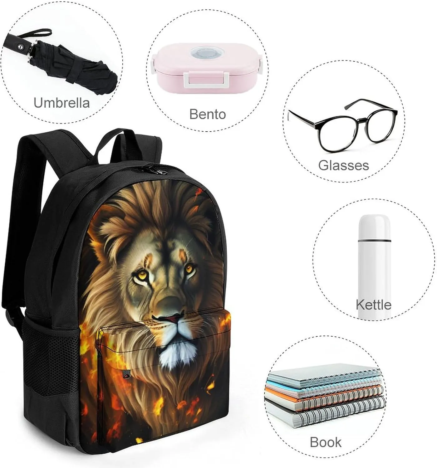 Lightweight Daypack for Camping Business Walking Cycling - Large Capacity Anti-Theft Multipurpose Bookbag, Cool Lion Fire Surreal Style Art Gym Outdoor Hiking Backpack