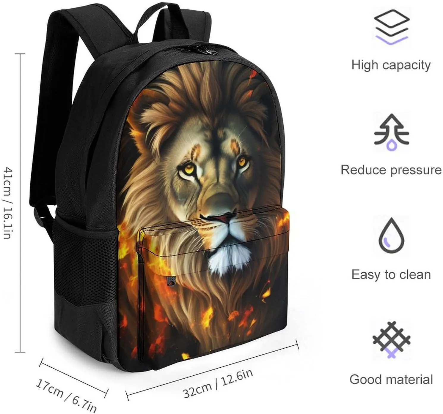 Lightweight Daypack for Camping Business Walking Cycling - Large Capacity Anti-Theft Multipurpose Bookbag, Cool Lion Fire Surreal Style Art Gym Outdoor Hiking Backpack
