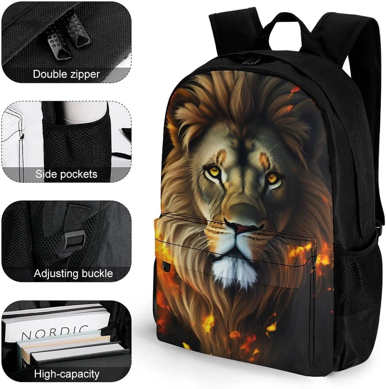 Lightweight Daypack for Camping Business Walking Cycling - Large Capacity Anti-Theft Multipurpose Bookbag, Cool Lion Fire Surreal Style Art Gym Outdoor Hiking Backpack