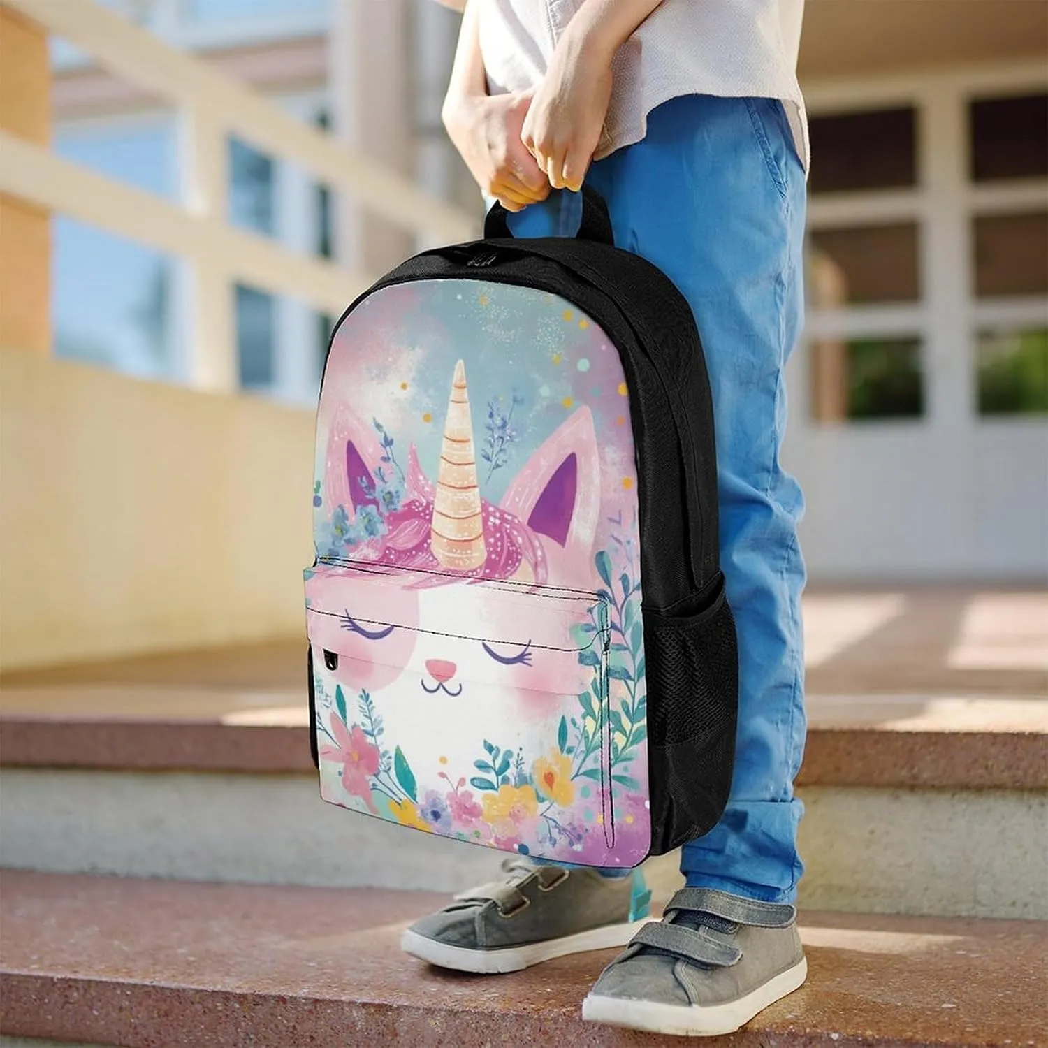 Lightweight Daypack for Camping Business Walking Cycling - Large Capacity Anti-Theft Multipurpose Bookbag, Cute Unicorns With Floral Wreath Gym Outdoor Hiking Backpack
