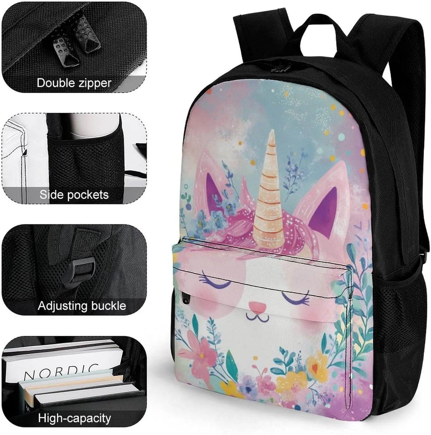 Lightweight Daypack for Camping Business Walking Cycling - Large Capacity Anti-Theft Multipurpose Bookbag, Cute Unicorns With Floral Wreath Gym Outdoor Hiking Backpack
