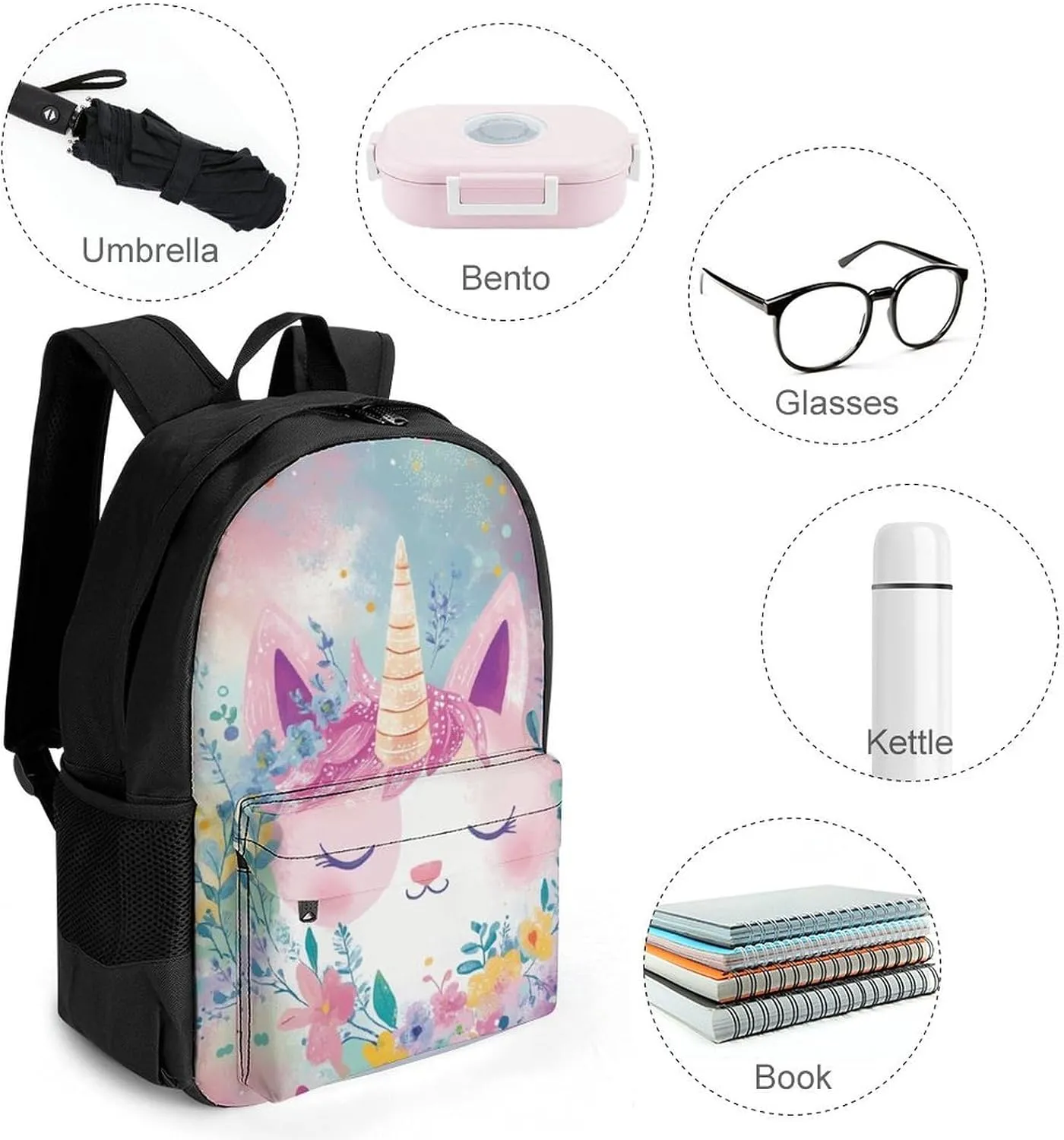 Lightweight Daypack for Camping Business Walking Cycling - Large Capacity Anti-Theft Multipurpose Bookbag, Cute Unicorns With Floral Wreath Gym Outdoor Hiking Backpack