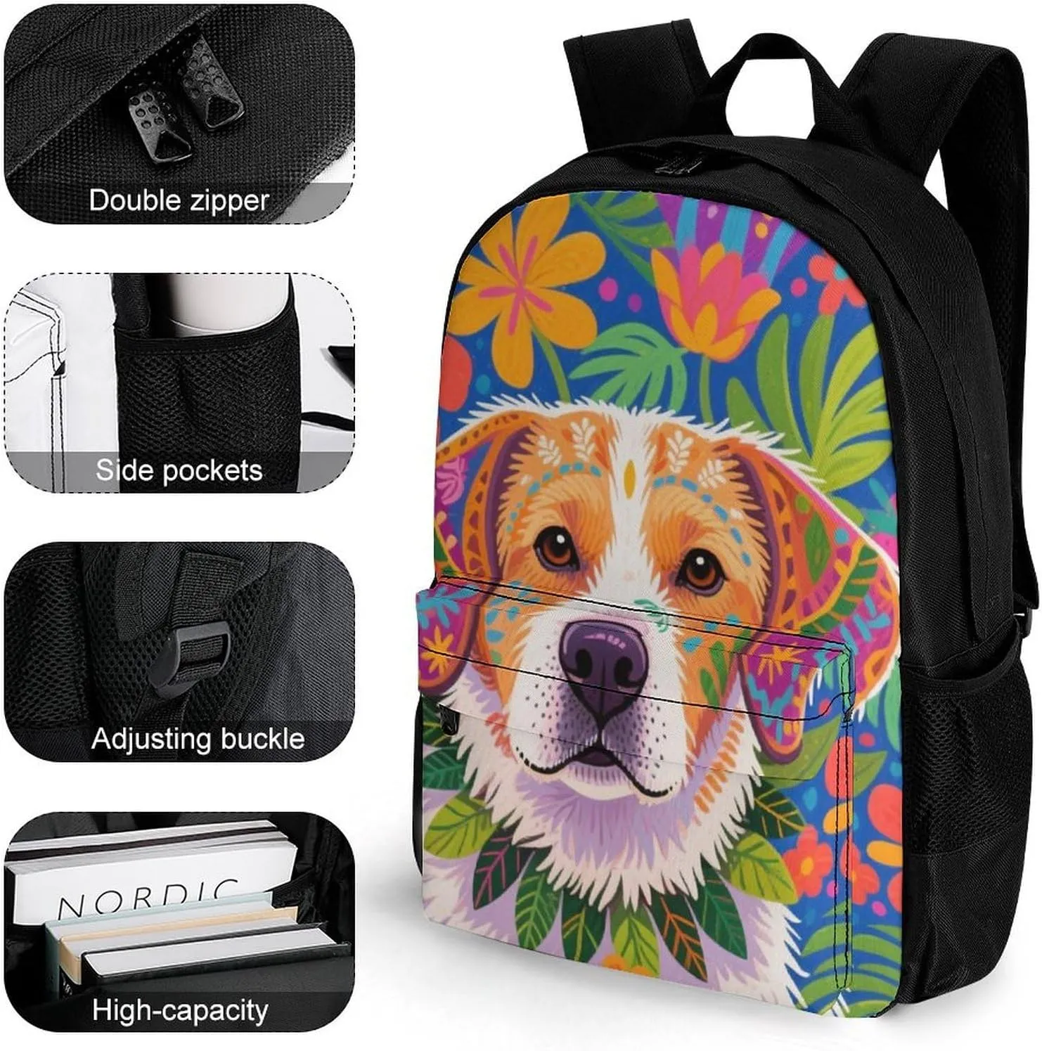 Lightweight Daypack for Camping Business Walking Cycling - Large Capacity Anti-Theft Multipurpose Bookbag, Hawaiian Flowers Floral Dog Art Gym Outdoor Hiking Backpack
