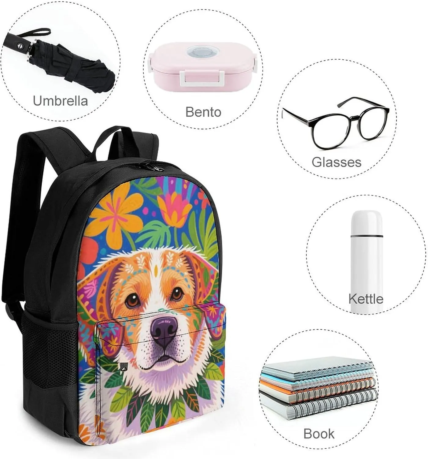 Lightweight Daypack for Camping Business Walking Cycling - Large Capacity Anti-Theft Multipurpose Bookbag, Hawaiian Flowers Floral Dog Art Gym Outdoor Hiking Backpack