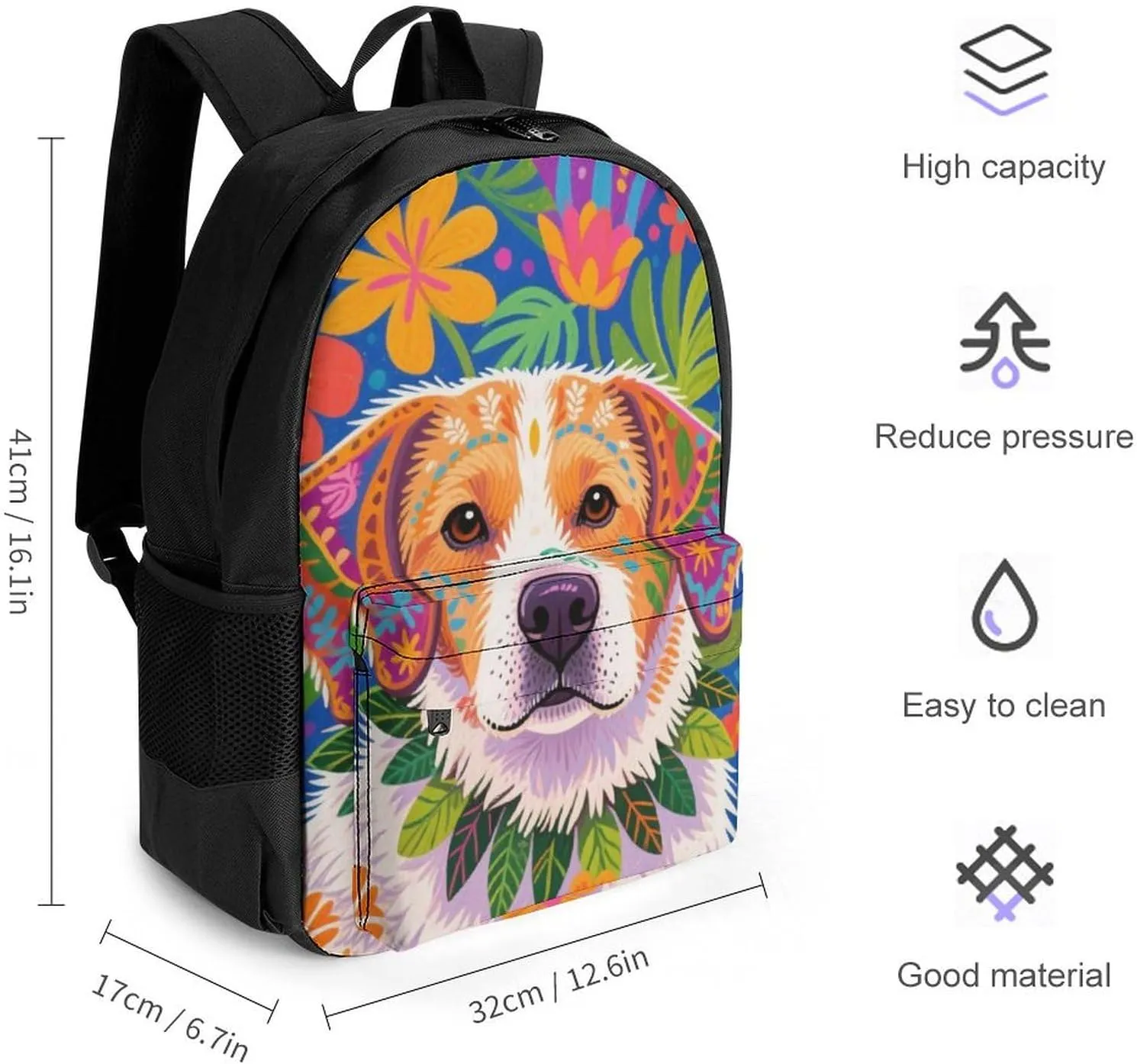 Lightweight Daypack for Camping Business Walking Cycling - Large Capacity Anti-Theft Multipurpose Bookbag, Hawaiian Flowers Floral Dog Art Gym Outdoor Hiking Backpack