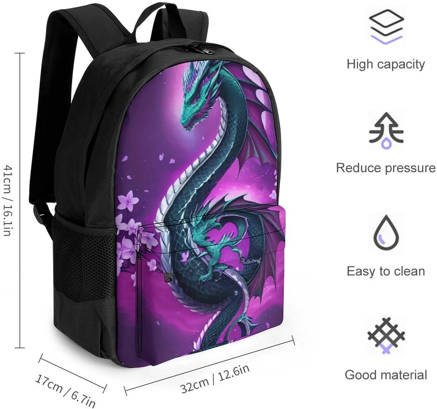 Lightweight Daypack for Camping Business Walking Cycling - Large Capacity Anti-Theft Multipurpose Bookbag, Romantic Dragon Cherry Flowers Art Gym Outdoor Hiking Backpack