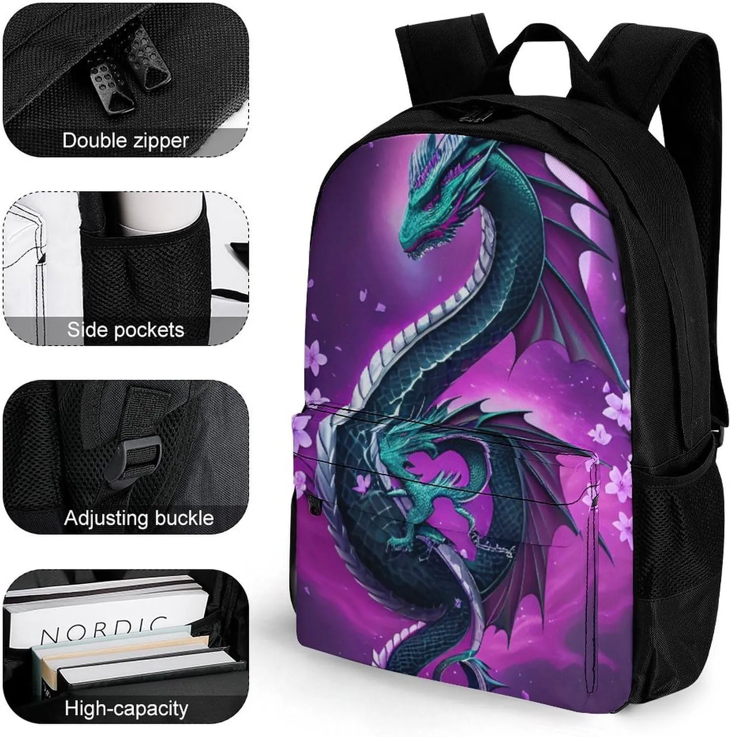 Lightweight Daypack for Camping Business Walking Cycling - Large Capacity Anti-Theft Multipurpose Bookbag, Romantic Dragon Cherry Flowers Art Gym Outdoor Hiking Backpack