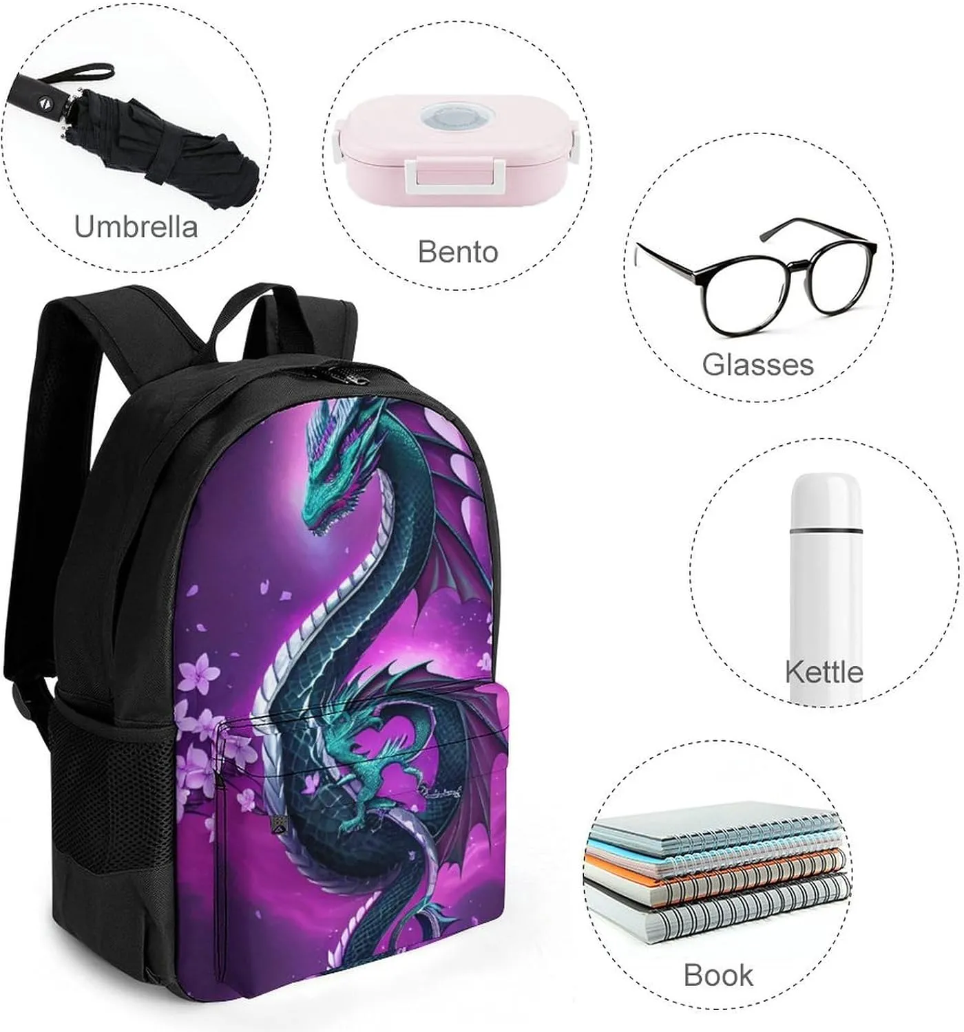 Lightweight Daypack for Camping Business Walking Cycling - Large Capacity Anti-Theft Multipurpose Bookbag, Romantic Dragon Cherry Flowers Art Gym Outdoor Hiking Backpack