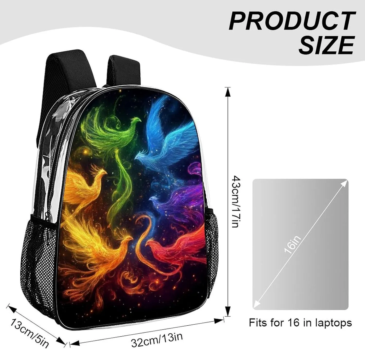 Lightweight Daypack for Camping Business Walking Cycling - Large Capacity Transparent Multipurpose Bookbag, Colorful Fire Flame Birds Black Art Gym Outdoor Hiking Backpack