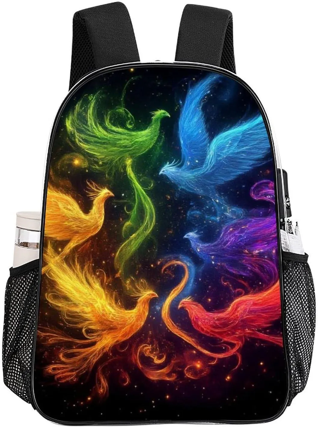 Lightweight Daypack for Camping Business Walking Cycling - Large Capacity Transparent Multipurpose Bookbag, Colorful Fire Flame Birds Black Art Gym Outdoor Hiking Backpack