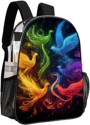 Lightweight Daypack for Camping Business Walking Cycling - Large Capacity Transparent Multipurpose Bookbag, Colorful Fire Flame Birds Black Art Gym Outdoor Hiking Backpack