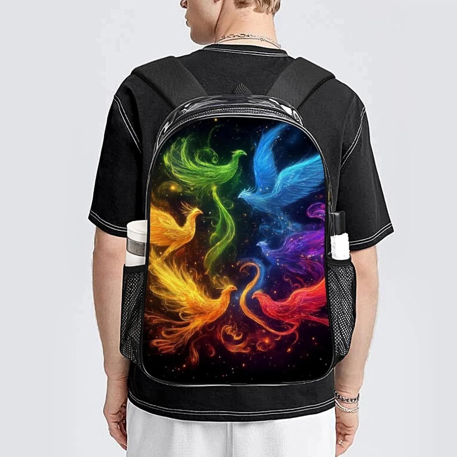 Lightweight Daypack for Camping Business Walking Cycling - Large Capacity Transparent Multipurpose Bookbag, Colorful Fire Flame Birds Black Art Gym Outdoor Hiking Backpack