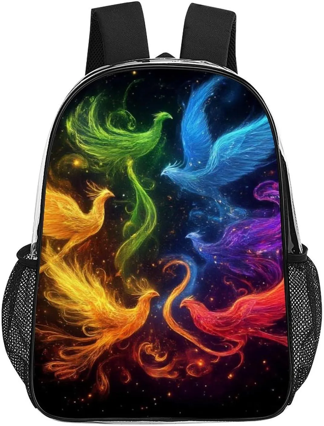 Lightweight Daypack for Camping Business Walking Cycling - Large Capacity Transparent Multipurpose Bookbag, Colorful Fire Flame Birds Black Art Gym Outdoor Hiking Backpack