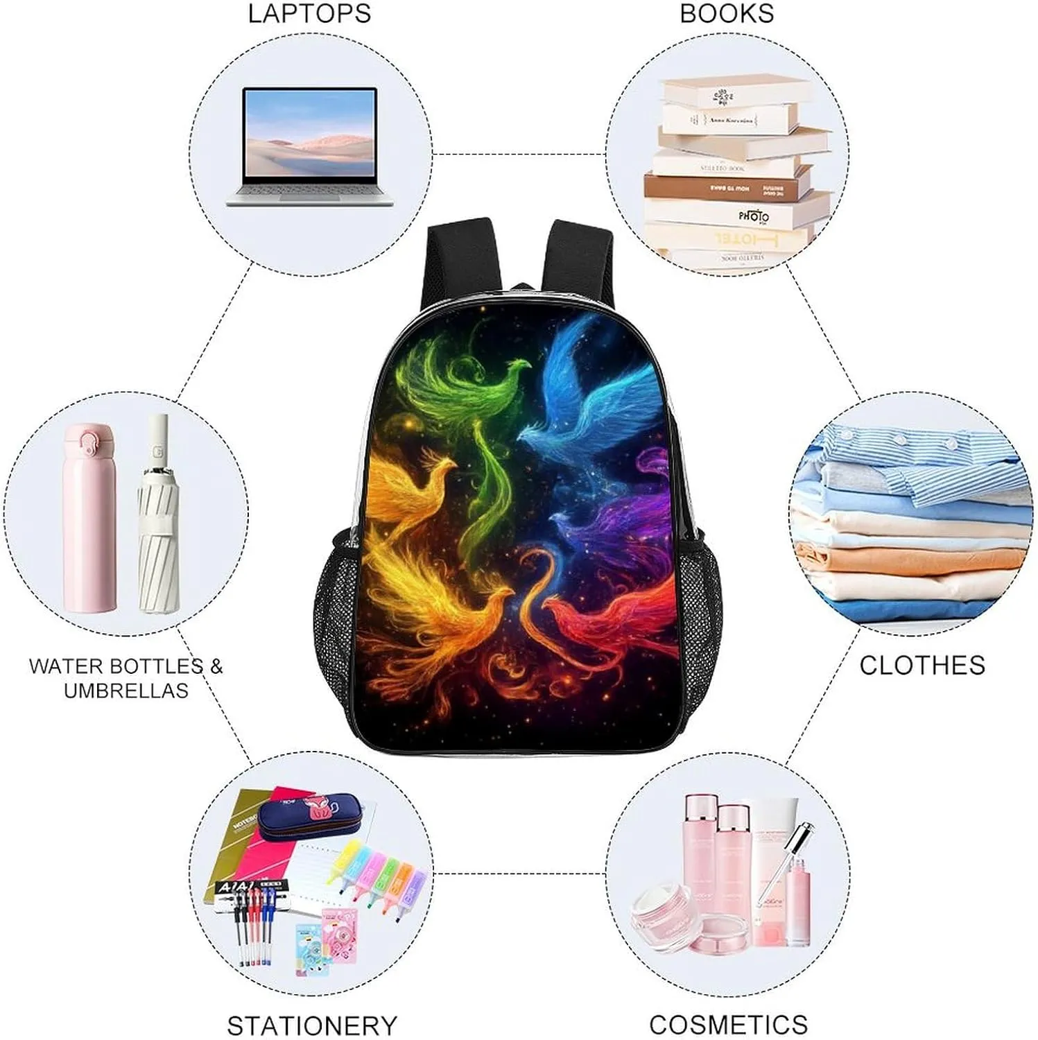 Lightweight Daypack for Camping Business Walking Cycling - Large Capacity Transparent Multipurpose Bookbag, Colorful Fire Flame Birds Black Art Gym Outdoor Hiking Backpack