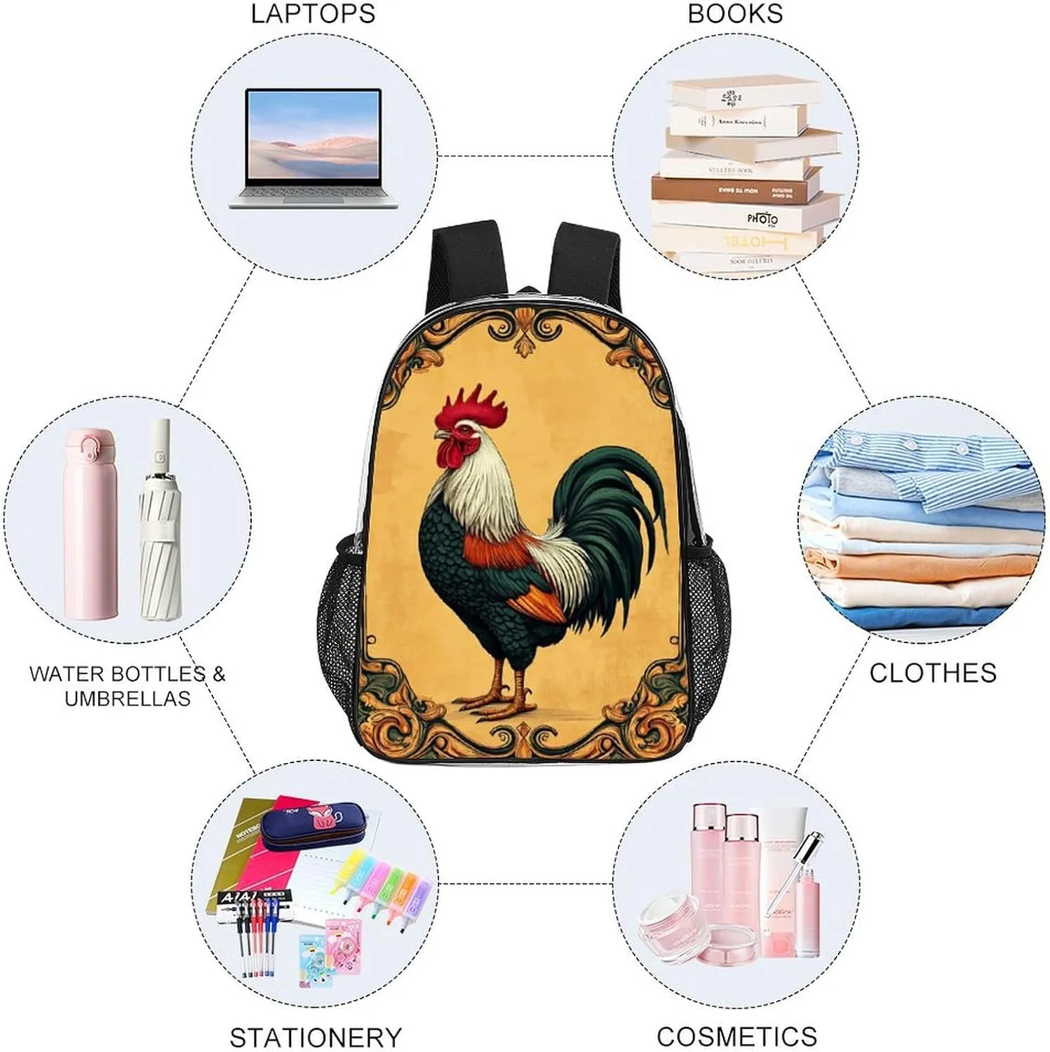 Lightweight Daypack for Camping Business Walking Cycling - Large Capacity Transparent Multipurpose Bookbag, Retro Rooster Gym Outdoor Hiking Backpack