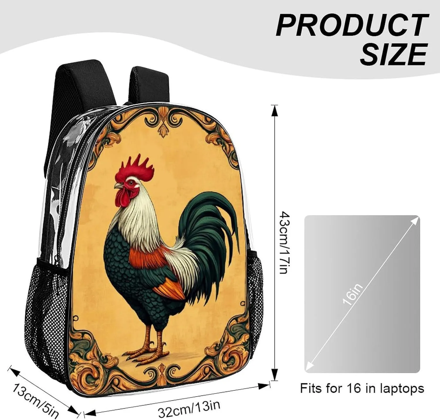 Lightweight Daypack for Camping Business Walking Cycling - Large Capacity Transparent Multipurpose Bookbag, Retro Rooster Gym Outdoor Hiking Backpack