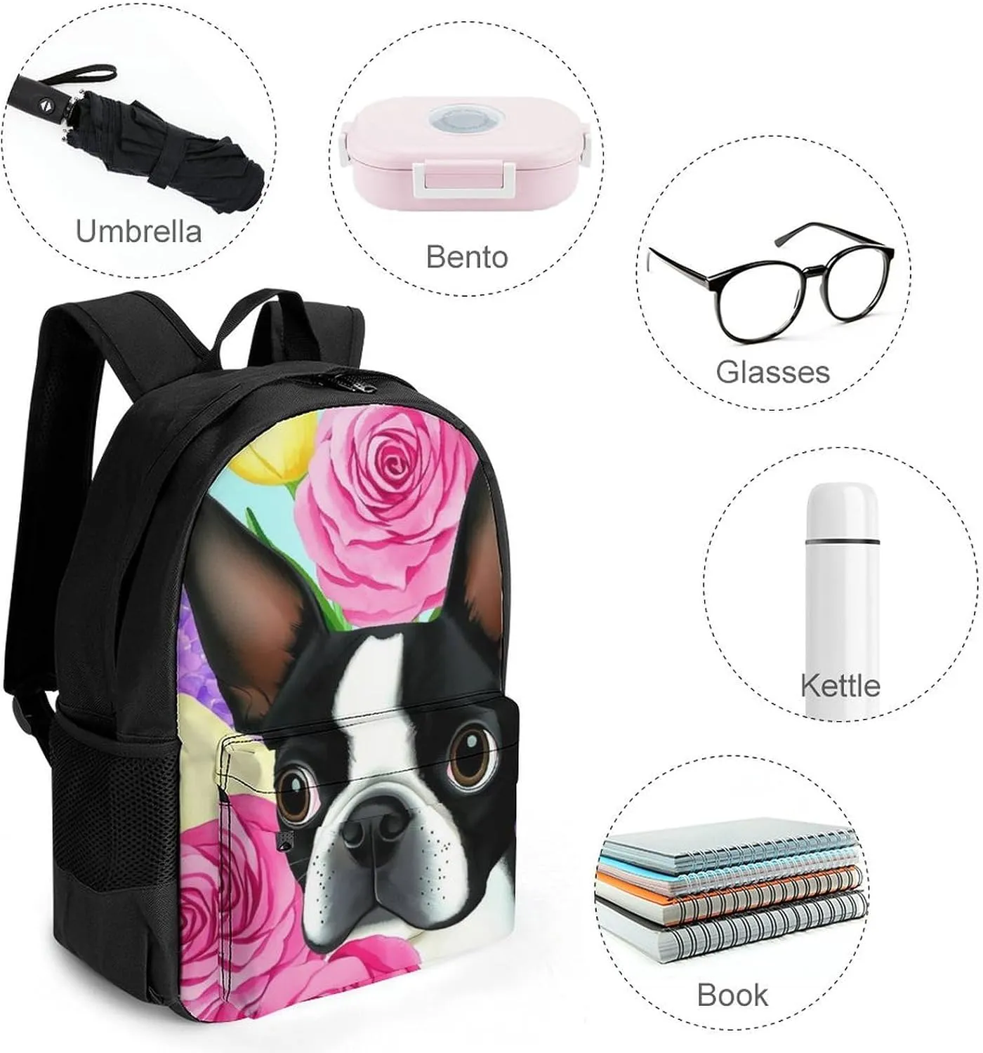 Lightweight Rucksack for Sports Travel Running - Big Capacity Multipurpose Anti-Theft Bookbag, Boston Terrier Dog Florals Art Travel and Sport Backpack Rucksack