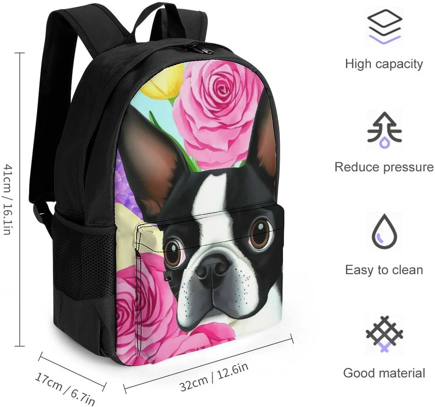 Lightweight Rucksack for Sports Travel Running - Big Capacity Multipurpose Anti-Theft Bookbag, Boston Terrier Dog Florals Art Travel and Sport Backpack Rucksack