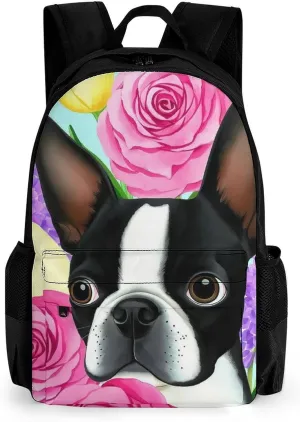 Lightweight Rucksack for Sports Travel Running - Big Capacity Multipurpose Anti-Theft Bookbag, Boston Terrier Dog Florals Art Travel and Sport Backpack Rucksack