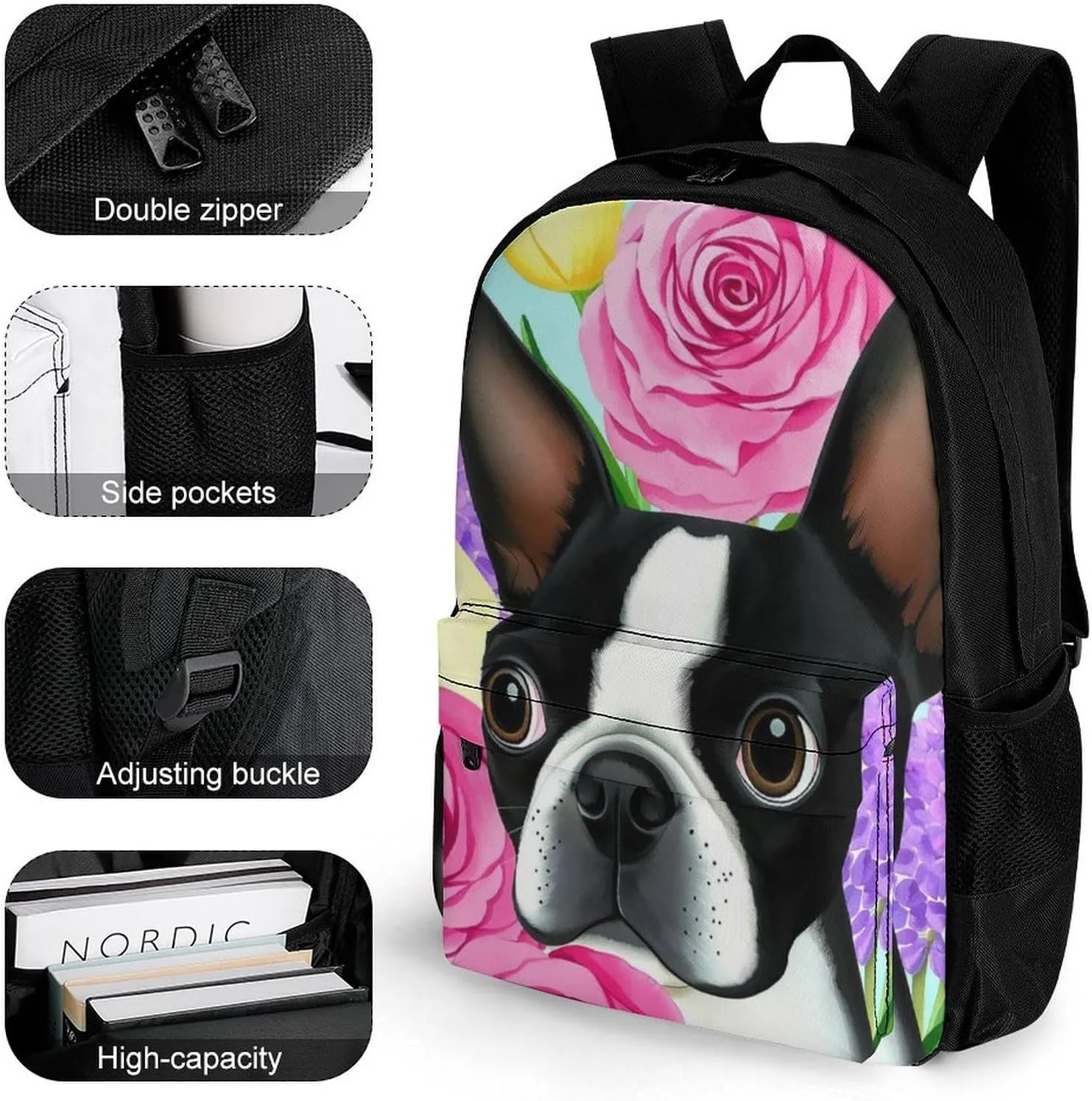 Lightweight Rucksack for Sports Travel Running - Big Capacity Multipurpose Anti-Theft Bookbag, Boston Terrier Dog Florals Art Travel and Sport Backpack Rucksack