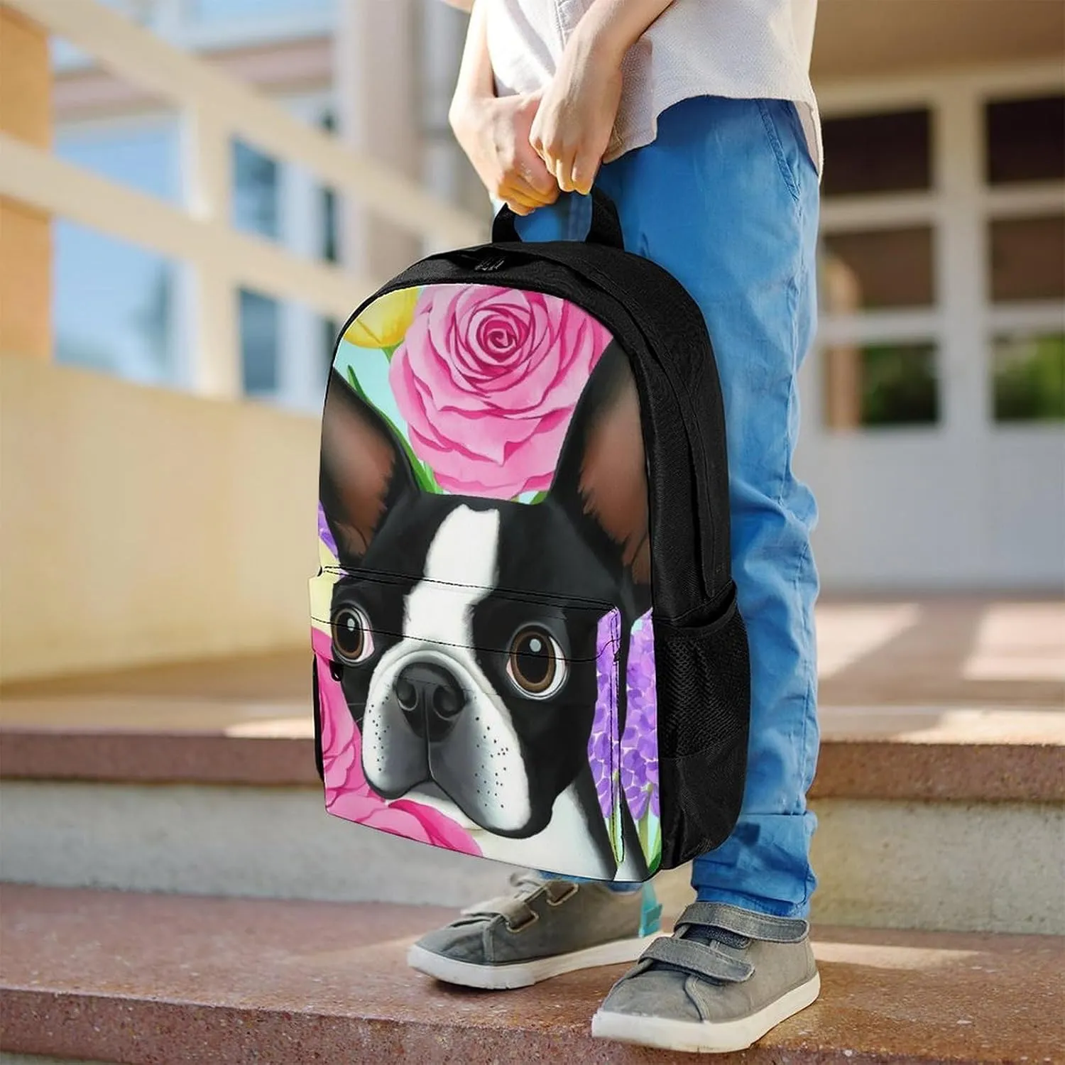 Lightweight Rucksack for Sports Travel Running - Big Capacity Multipurpose Anti-Theft Bookbag, Boston Terrier Dog Florals Art Travel and Sport Backpack Rucksack
