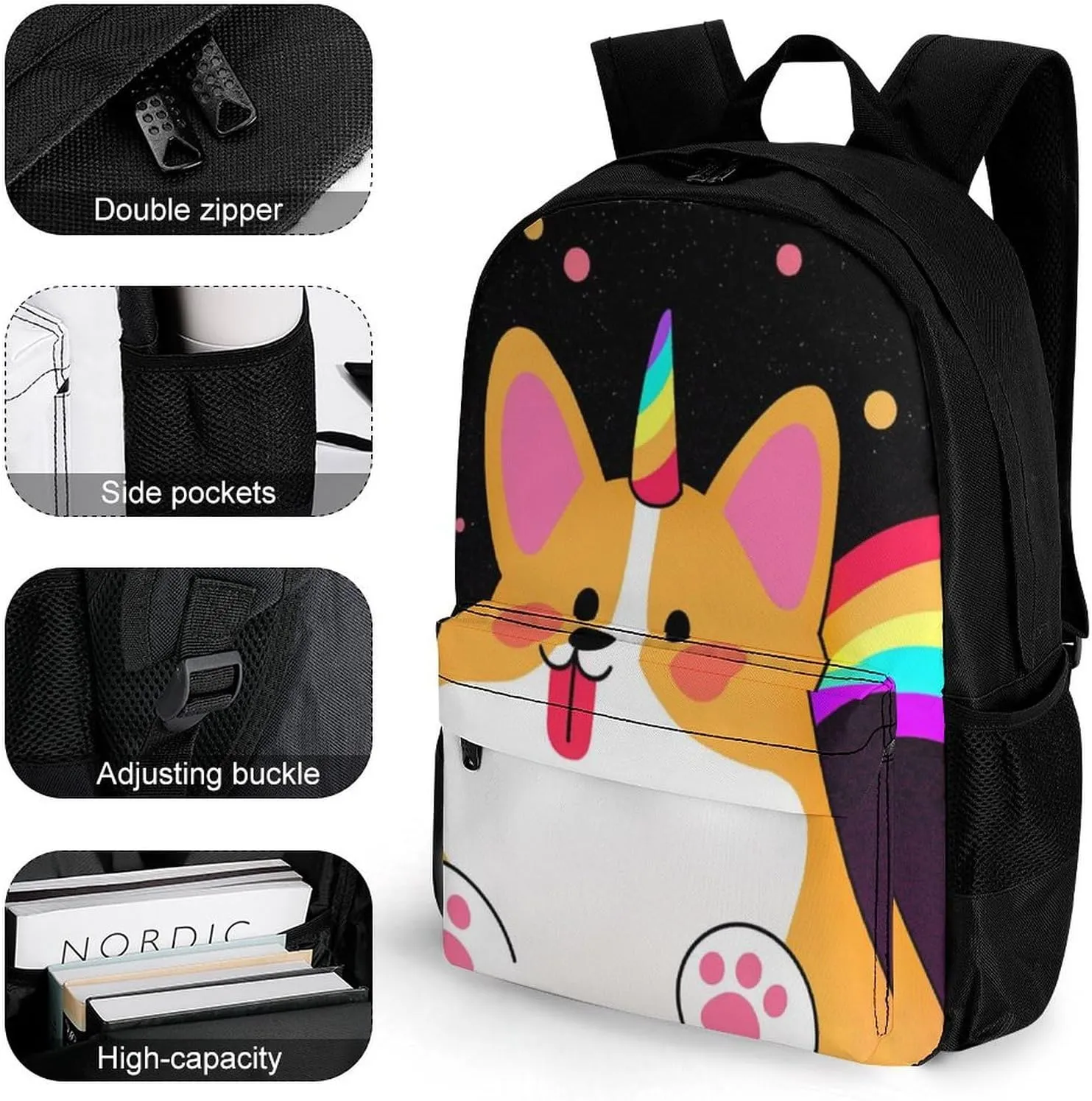Lightweight Rucksack for Sports Travel Running - Big Capacity Multipurpose Anti-Theft Bookbag, Galaxy Space Rainbow Unicorn Corgi Dog Black Art Travel and Sport Backpack Rucksack
