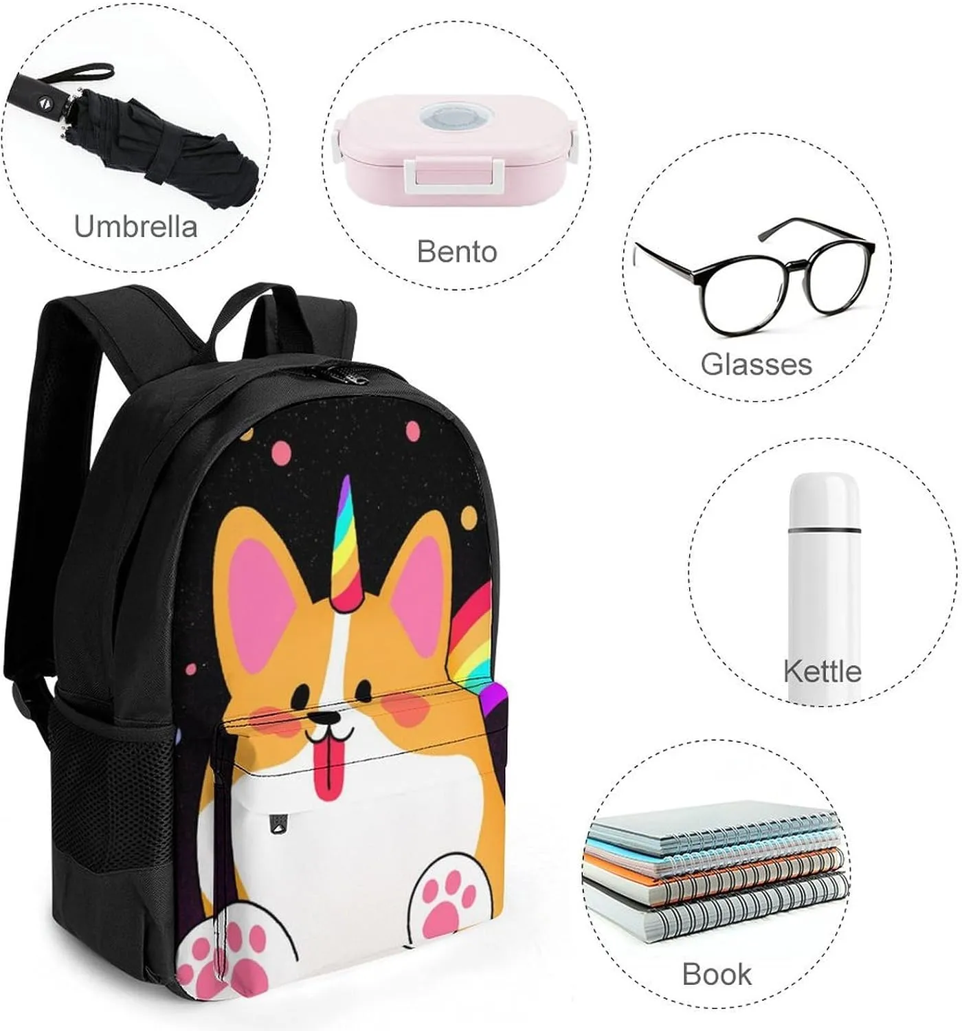 Lightweight Rucksack for Sports Travel Running - Big Capacity Multipurpose Anti-Theft Bookbag, Galaxy Space Rainbow Unicorn Corgi Dog Black Art Travel and Sport Backpack Rucksack