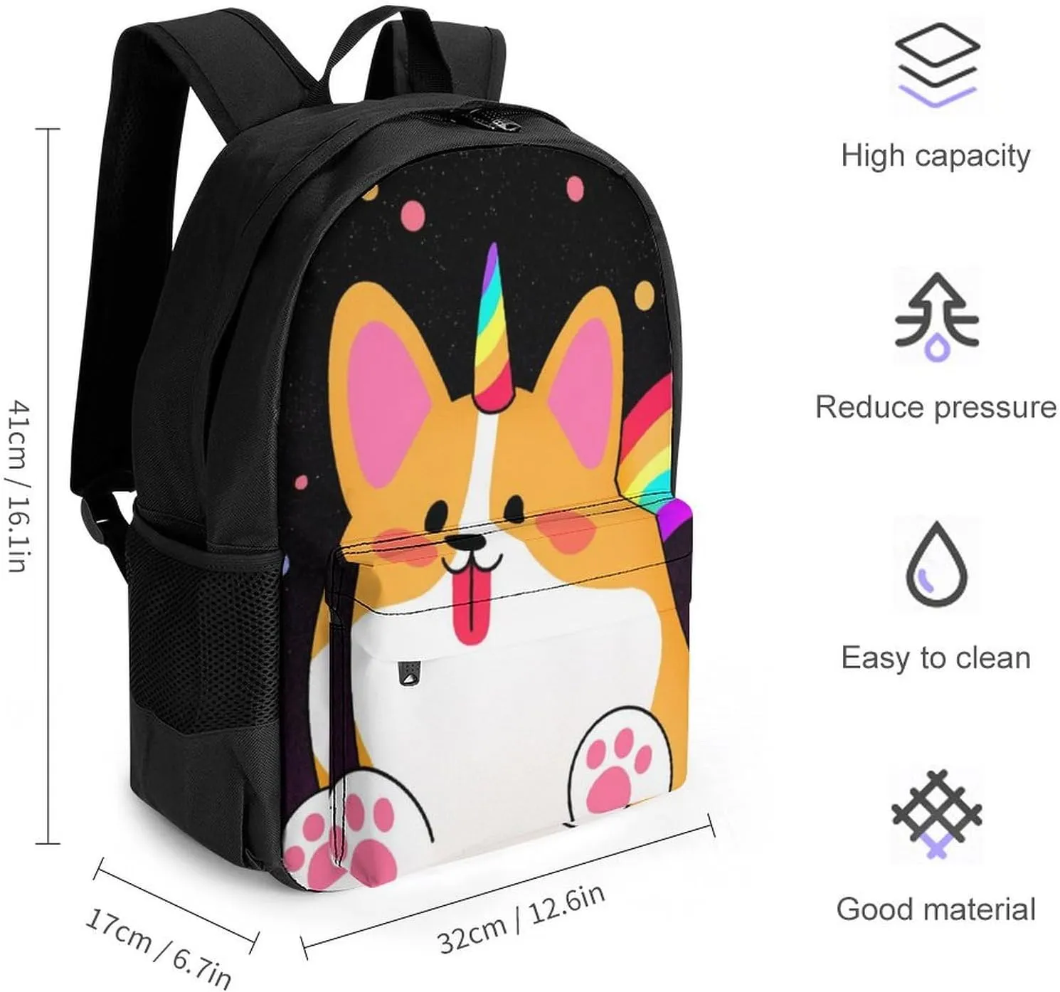 Lightweight Rucksack for Sports Travel Running - Big Capacity Multipurpose Anti-Theft Bookbag, Galaxy Space Rainbow Unicorn Corgi Dog Black Art Travel and Sport Backpack Rucksack