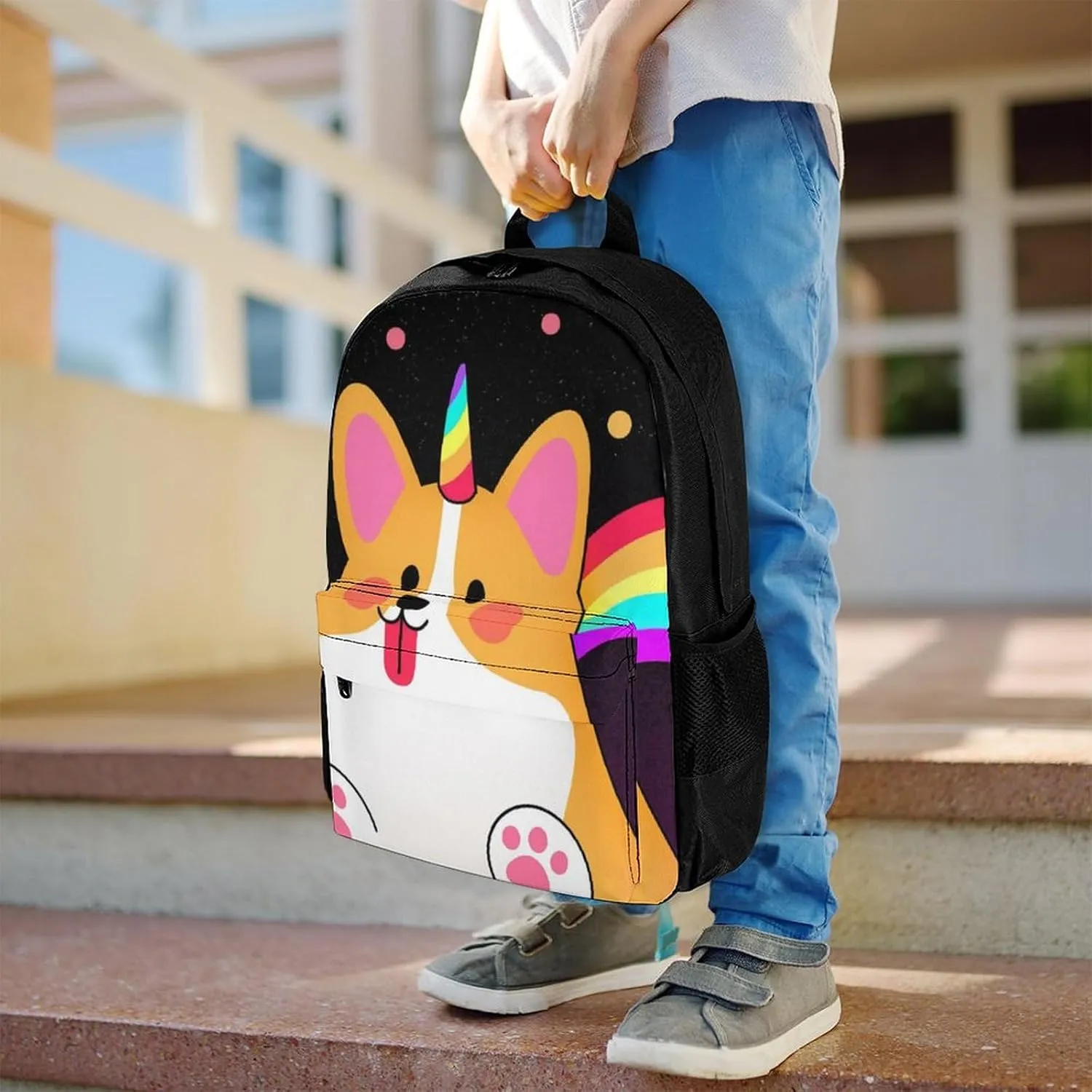 Lightweight Rucksack for Sports Travel Running - Big Capacity Multipurpose Anti-Theft Bookbag, Galaxy Space Rainbow Unicorn Corgi Dog Black Art Travel and Sport Backpack Rucksack