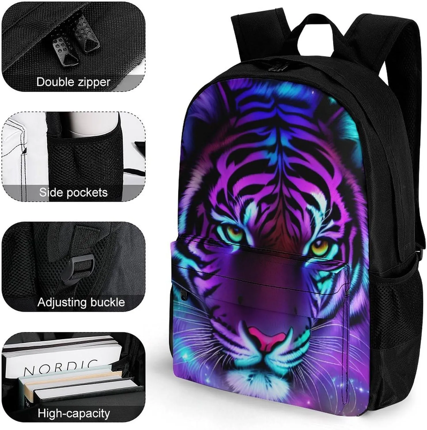 Lightweight Rucksack for Sports Travel Running - Big Capacity Multipurpose Anti-Theft Bookbag, Mystic Fantasy Galaxy Sky Fantasy Tiger Wild Animals Boho Style Travel and Sport Backpack Rucksack