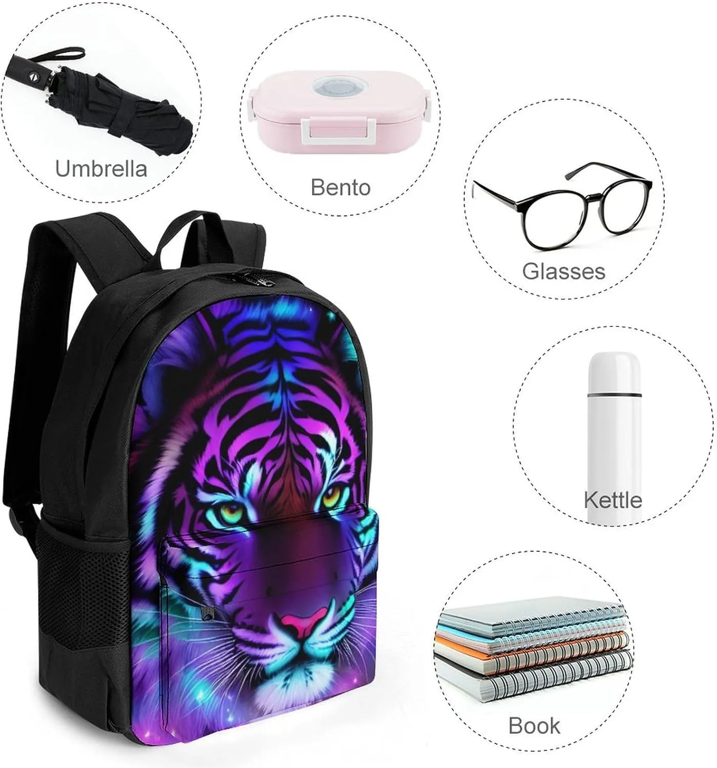 Lightweight Rucksack for Sports Travel Running - Big Capacity Multipurpose Anti-Theft Bookbag, Mystic Fantasy Galaxy Sky Fantasy Tiger Wild Animals Boho Style Travel and Sport Backpack Rucksack
