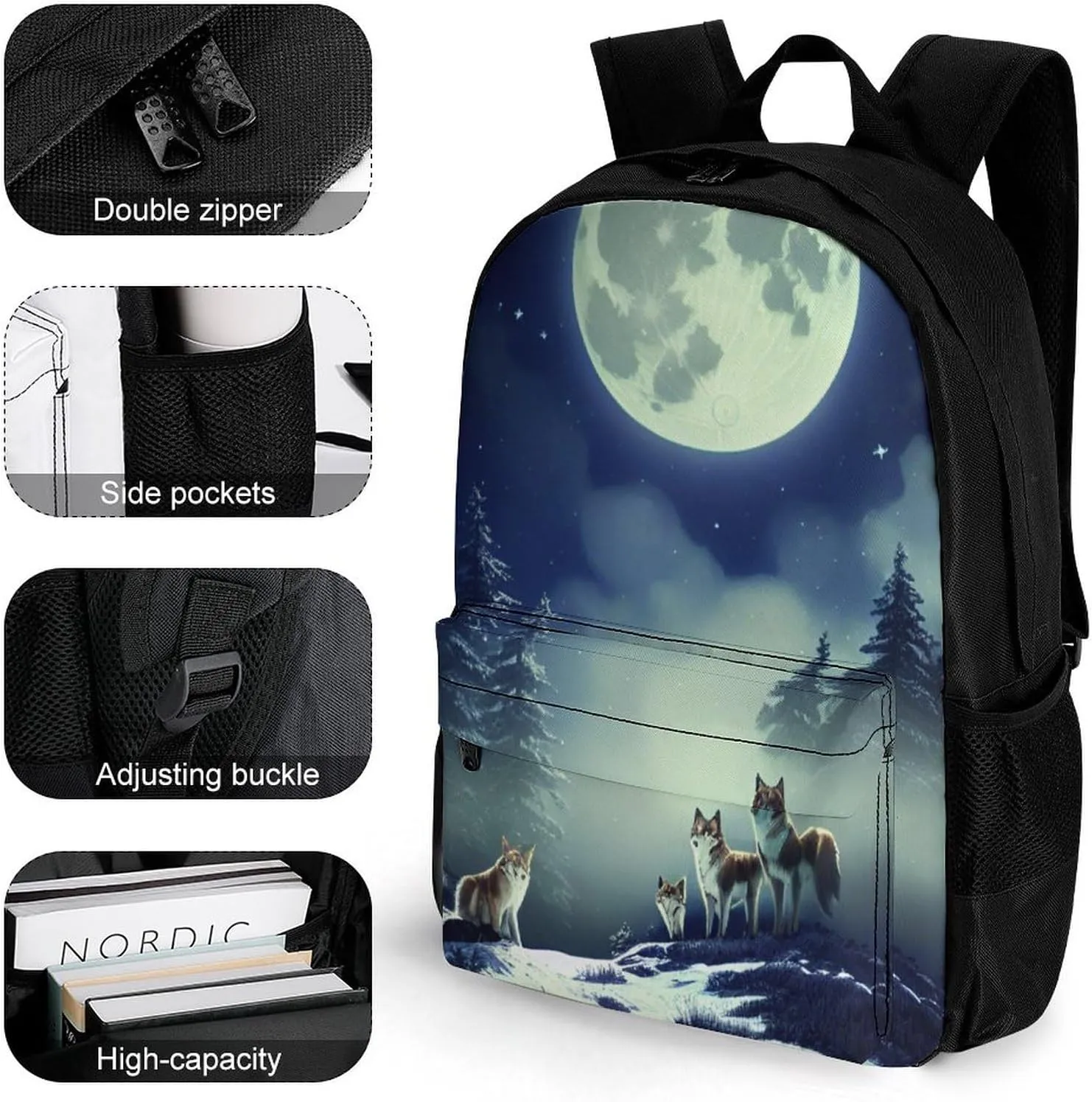 Lightweight Rucksack for Sports Travel Running - Big Capacity Multipurpose Anti-Theft Bookbag, Wolves On Mountain Full Moon In Starry Sky Art Travel and Sport Backpack Rucksack