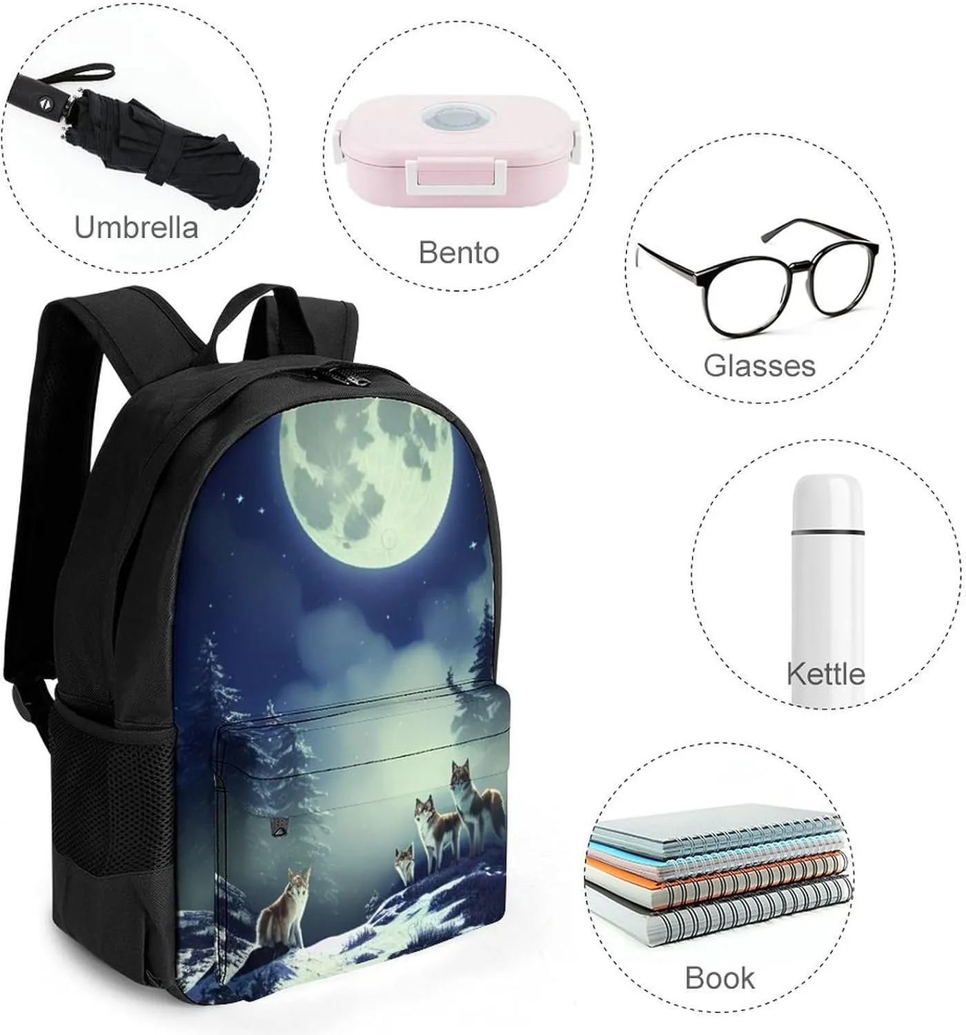 Lightweight Rucksack for Sports Travel Running - Big Capacity Multipurpose Anti-Theft Bookbag, Wolves On Mountain Full Moon In Starry Sky Art Travel and Sport Backpack Rucksack