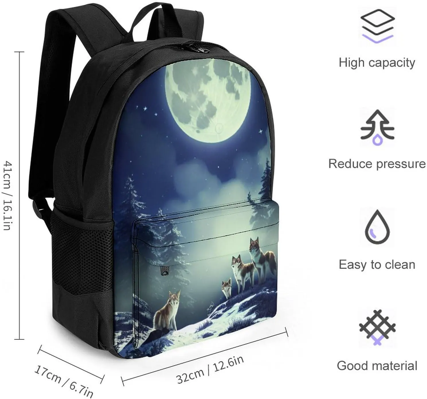 Lightweight Rucksack for Sports Travel Running - Big Capacity Multipurpose Anti-Theft Bookbag, Wolves On Mountain Full Moon In Starry Sky Art Travel and Sport Backpack Rucksack