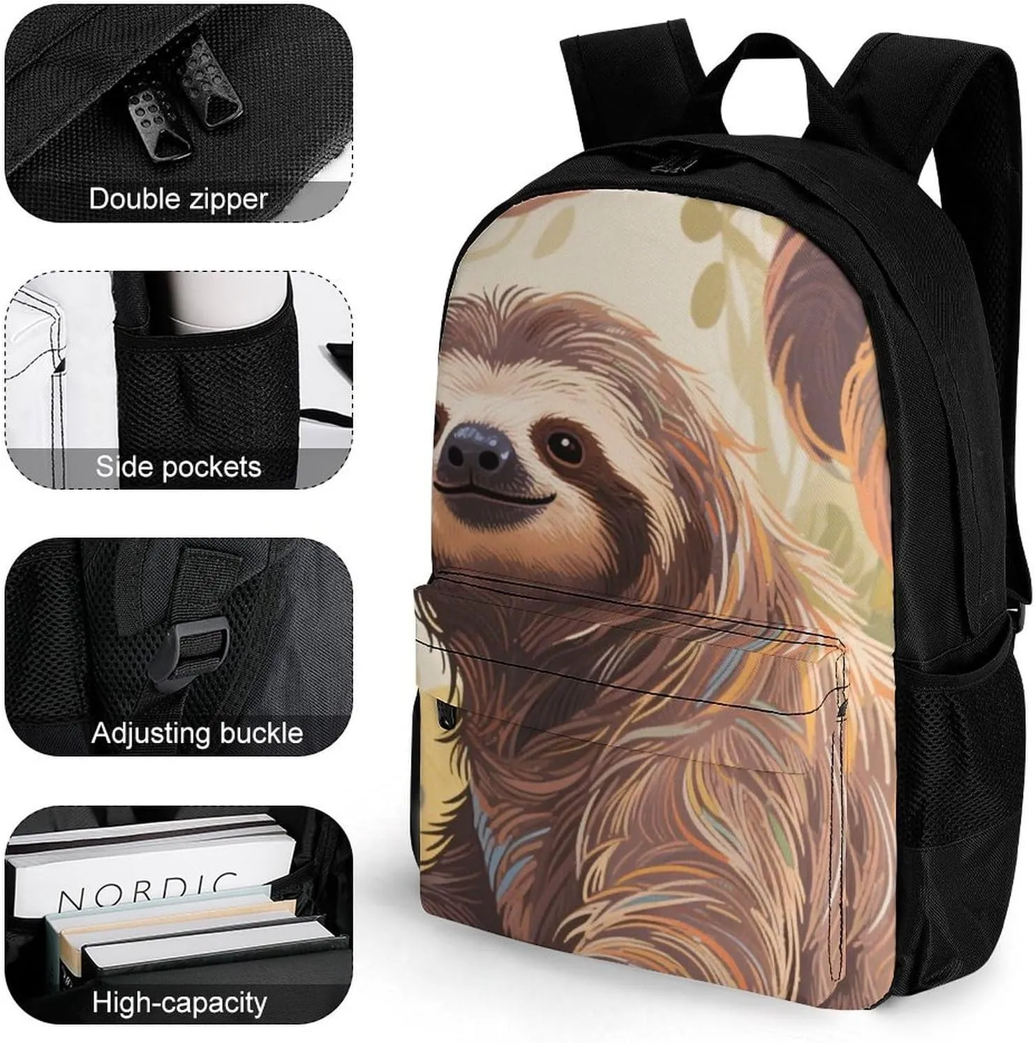 Lightweight Rucksacks for Camping Picnic Walking Cycling - Large Capacity Multipurpose Anti-Theft Carry On Bag, Animals Sloth Art Travel Hiking & Camping Rucksack