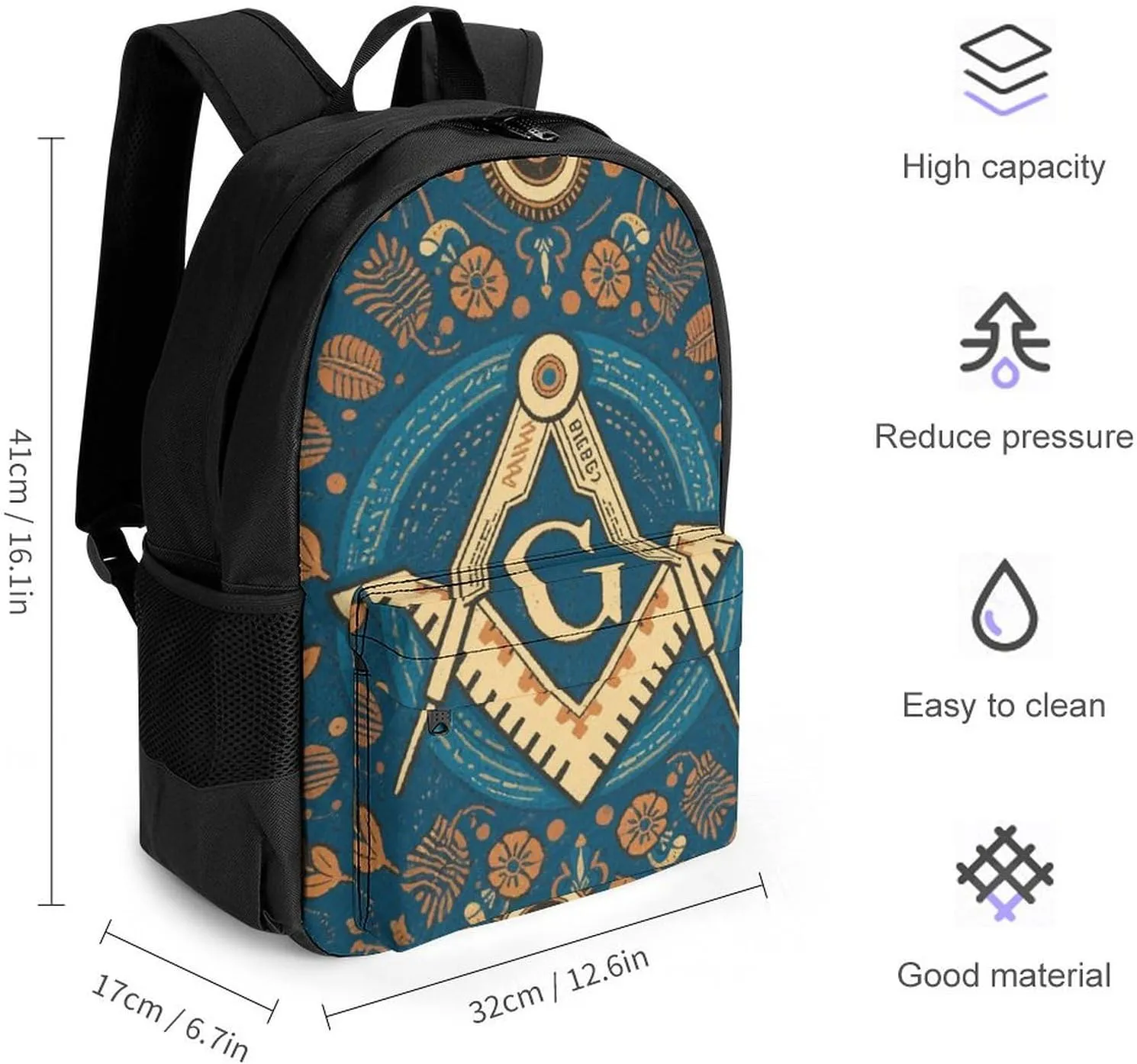 Lightweight Rucksacks for Camping Picnic Walking Cycling - Large Capacity Multipurpose Anti-Theft Carry On Bag, Gold Freemason Freemasonry Masonic Art Travel Hiking & Camping Rucksack
