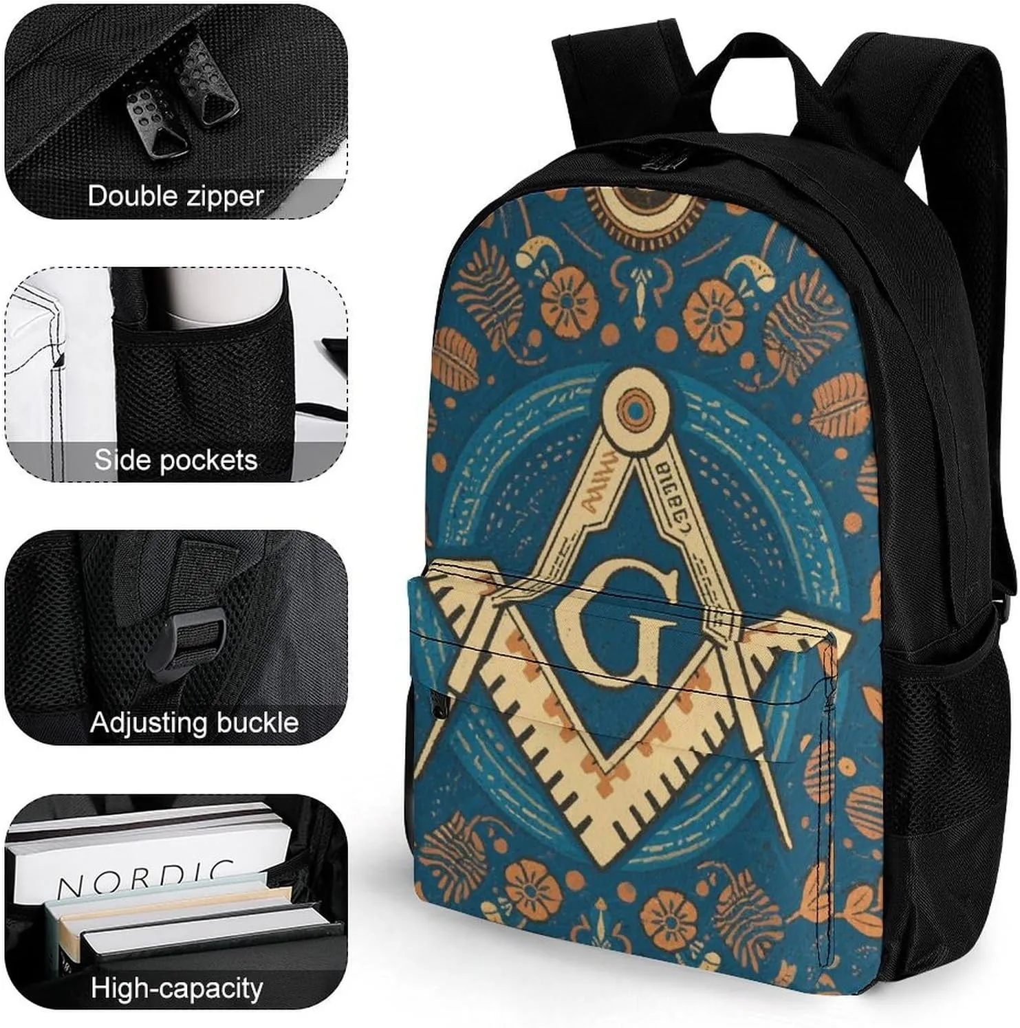 Lightweight Rucksacks for Camping Picnic Walking Cycling - Large Capacity Multipurpose Anti-Theft Carry On Bag, Gold Freemason Freemasonry Masonic Art Travel Hiking & Camping Rucksack