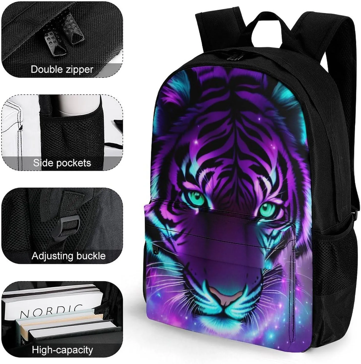 Lightweight Rucksacks for Camping Picnic Walking Cycling - Large Capacity Multipurpose Anti-Theft Carry On Bag, Mystic Fantasy Galaxy Sky Tiger Animals Boho Style Travel Hiking & Camping Rucksack