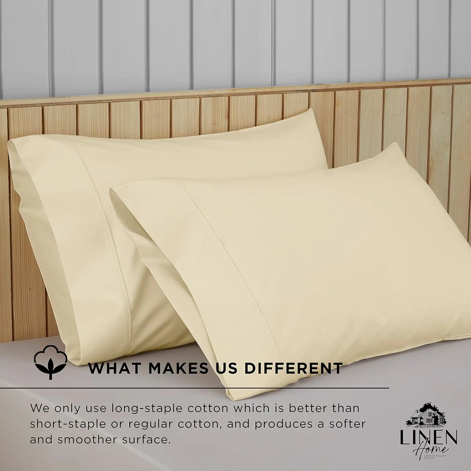 Linen Home 500 Thread Count Queen Pillowcase Set | 100% Long-Staple Cotton Pillow Cases | Soft & Smooth Luxury Satin Set of 2 Pillowcases | 4 Inch Z Hem | Ivory