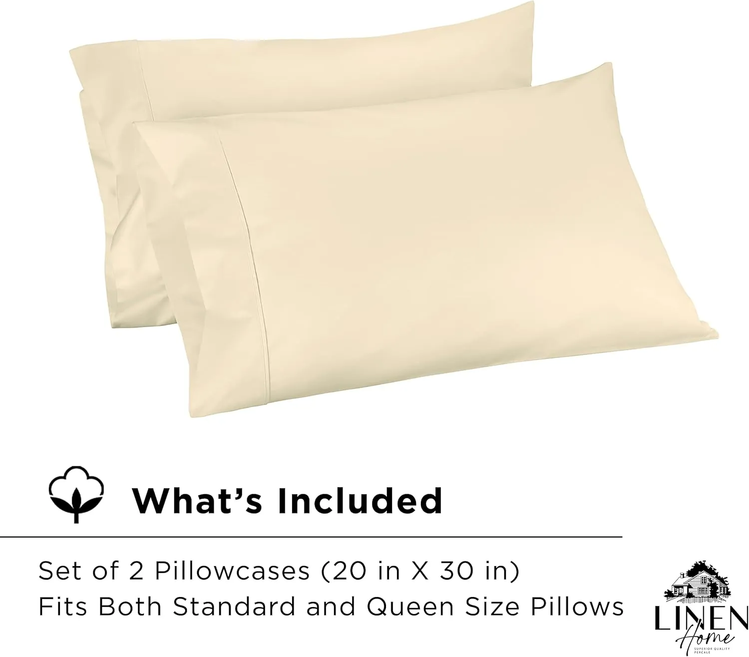 Linen Home 500 Thread Count Queen Pillowcase Set | 100% Long-Staple Cotton Pillow Cases | Soft & Smooth Luxury Satin Set of 2 Pillowcases | 4 Inch Z Hem | Ivory